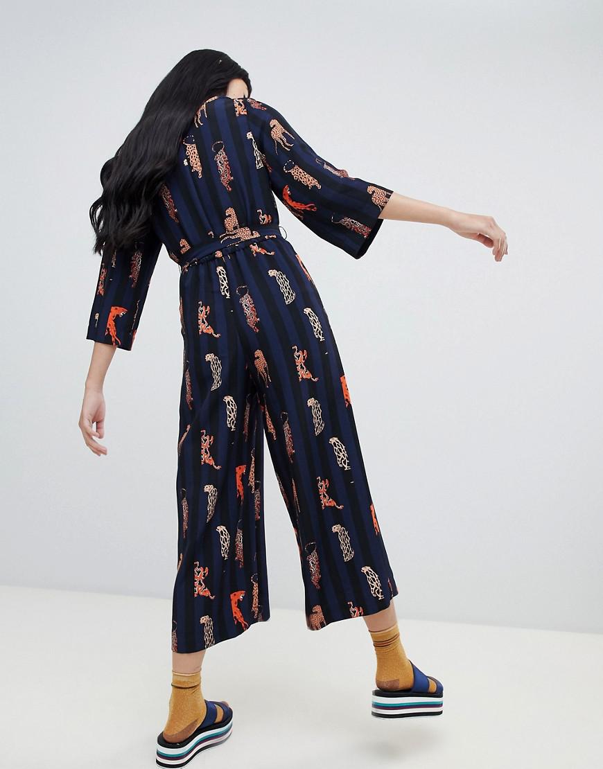 Monki Stripe Belted Jumpsuit With Leopard Placement In Navy in Blue | Lyst