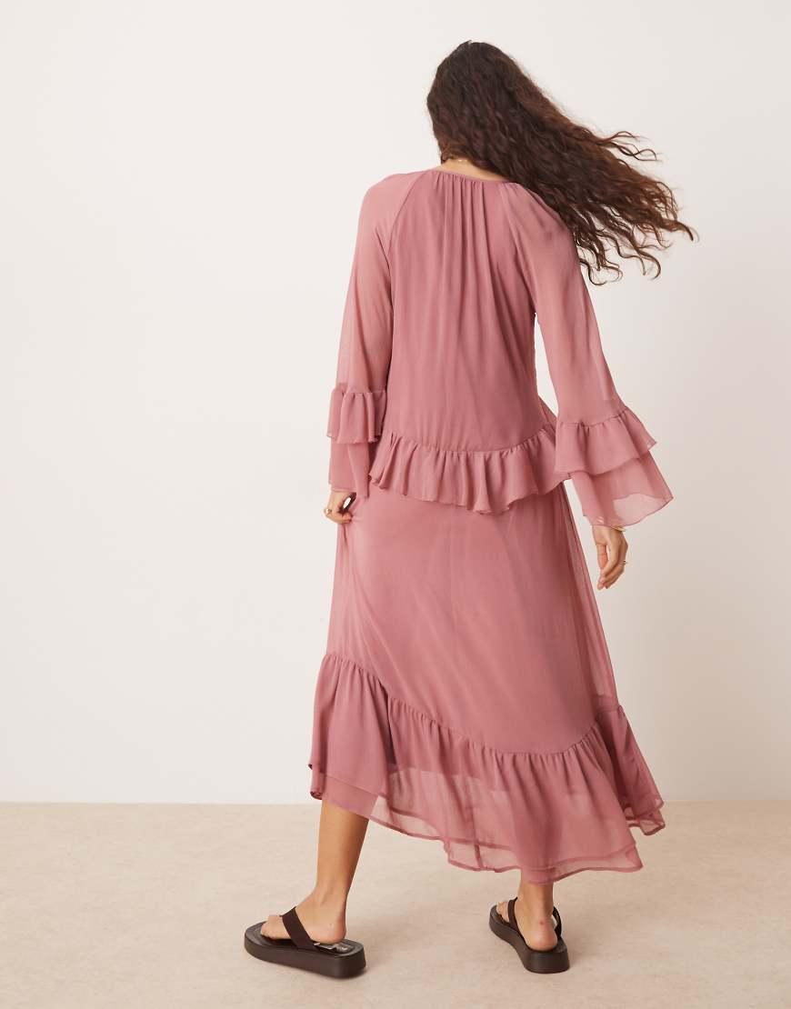 New Look Ruffle Hem Chiffon Long Sleeve Maxi Dress in Pink Lyst UK