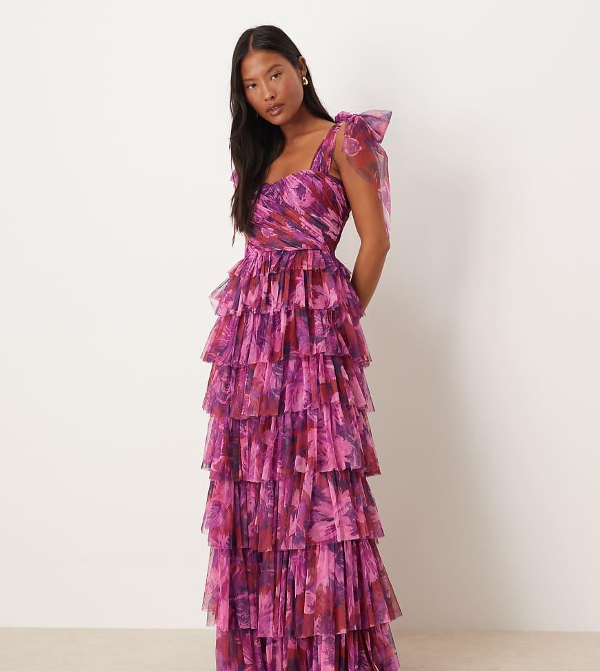 lace & beads layered tulle bardot maxi dress in lilac Purple Dresses for Women KJ-Campaign The dress features a Size:9-12 Months with Bloomers Azure Blue Aztec Printed