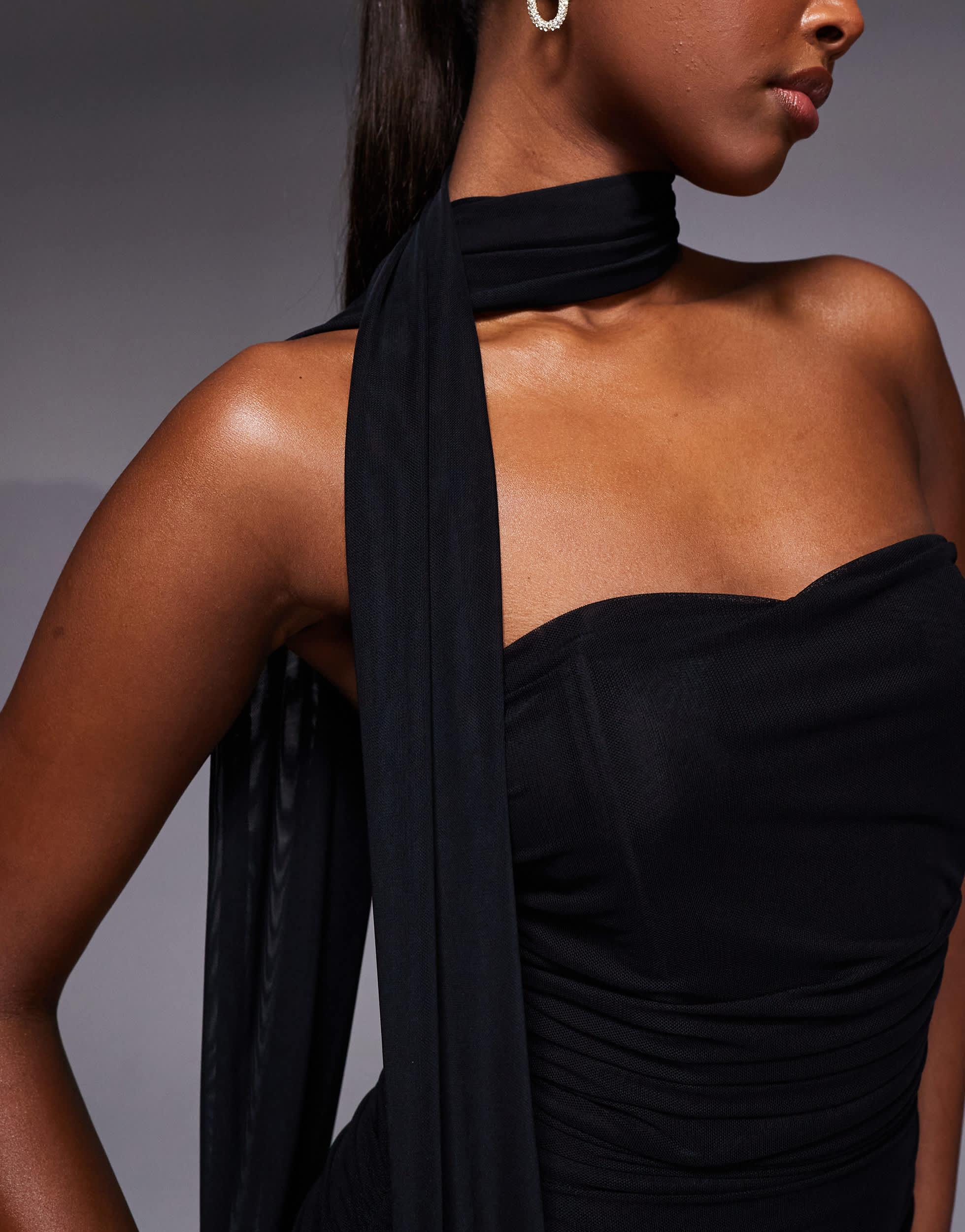 TFNC London Bandeau Maxi Dress With Full Sheer Skirt And Scarf Detail in  Black | Lyst Australia