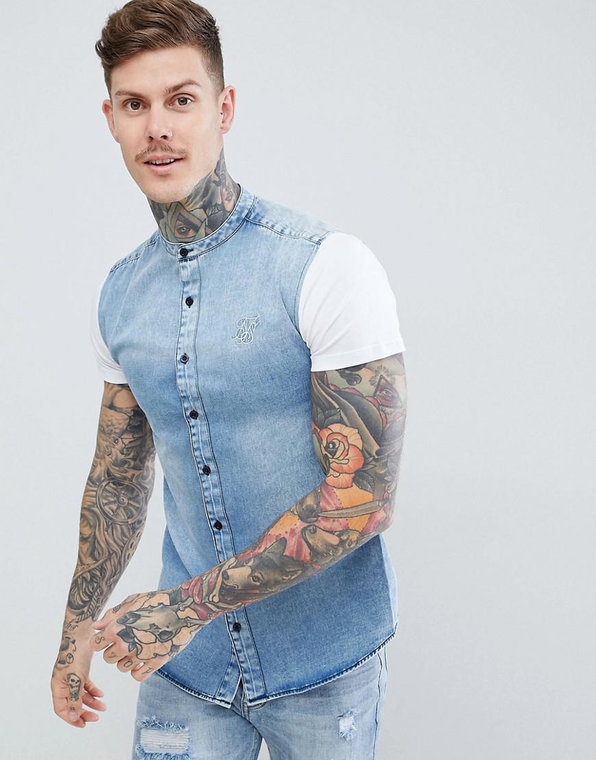 SIKSILK Shirt In Washed Denim With Jersey Sleeves in Blue for Men 