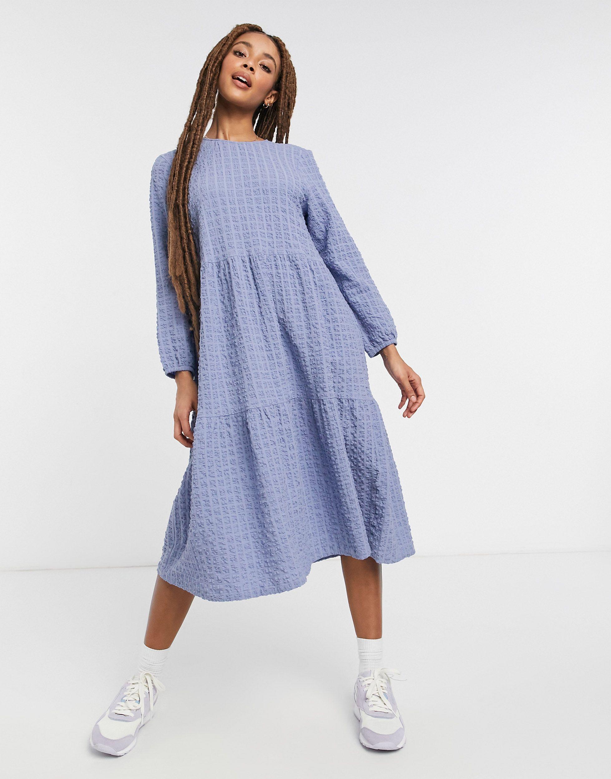 Monki Torkie Organic Cotton Long Sleeve Midi Dress in Blue | Lyst