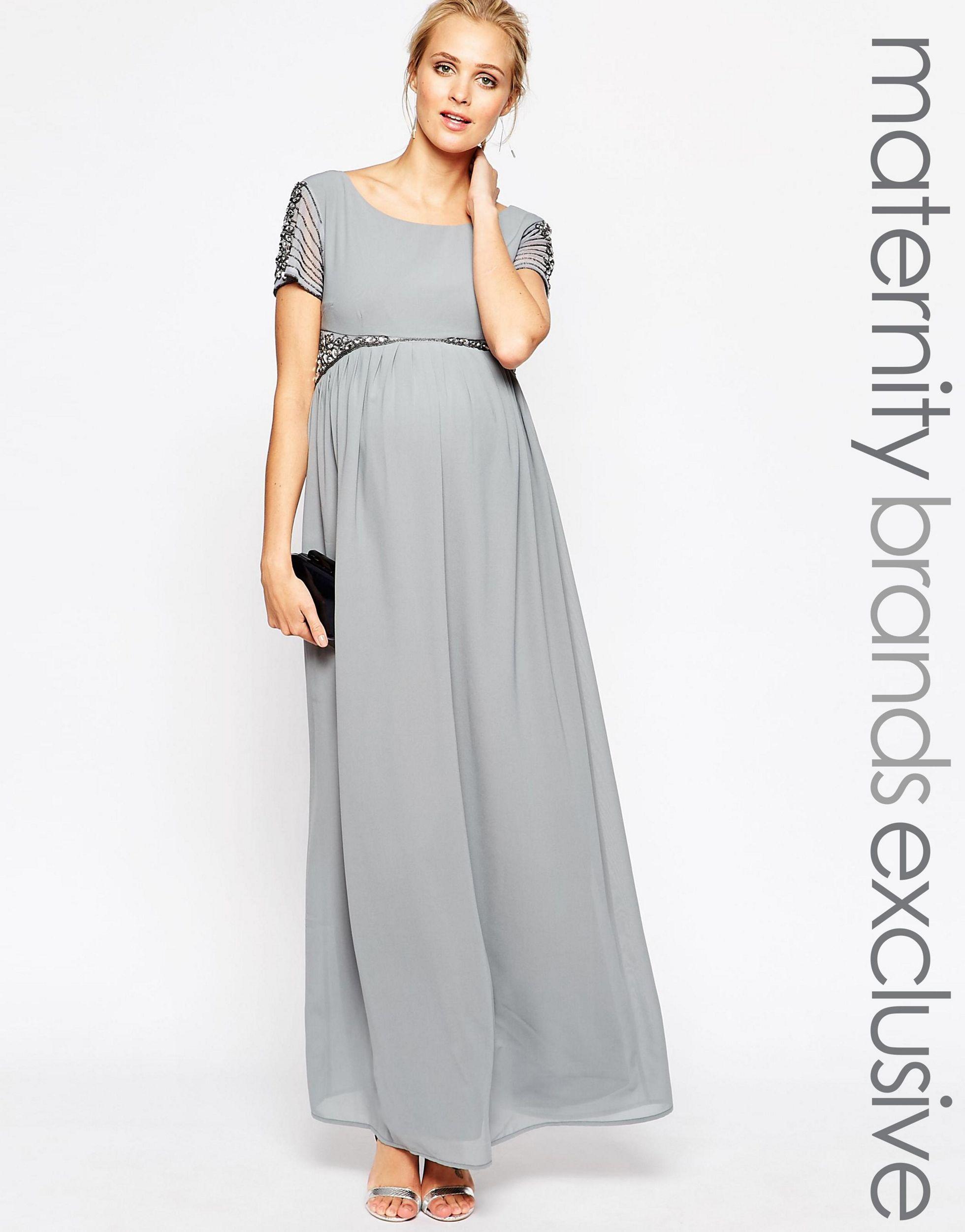 Maya Maternity Chiffon Maxi Dress With Embellished Waist in Gray | Lyst
