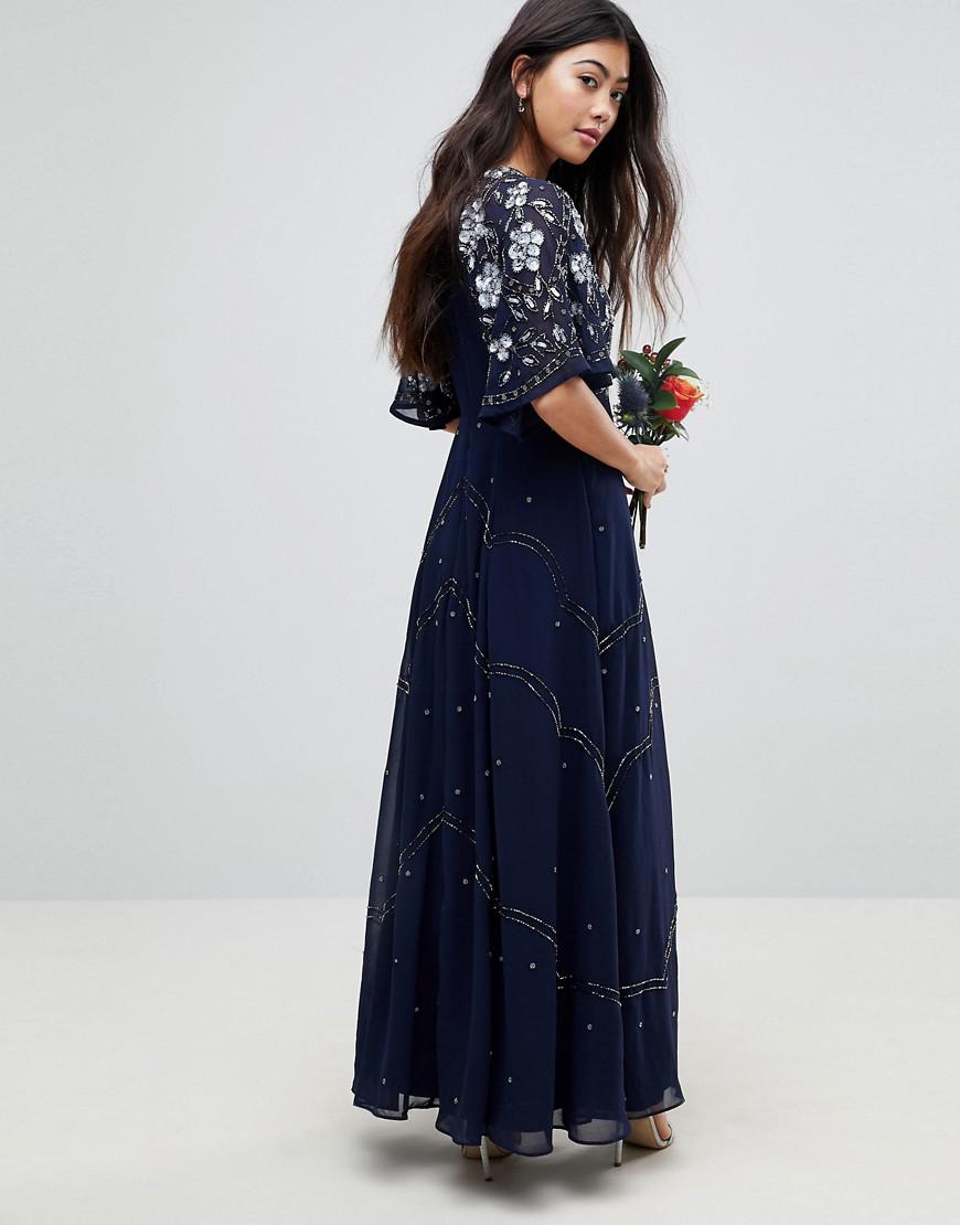 ASOS Denim Asos Design Petite Embellished Floral Flutter Sleeve Maxi Dress  in Navy (Blue) - Lyst