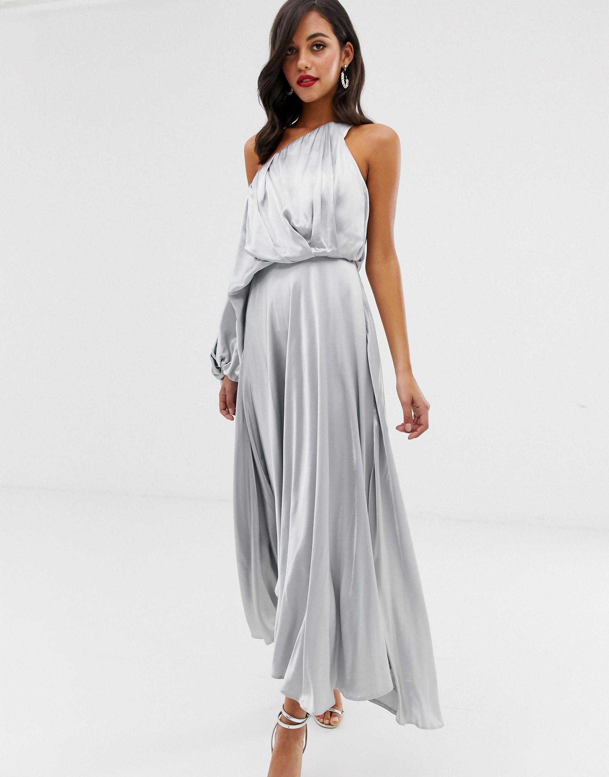 Blouson one shoulder dress in satin Clearance