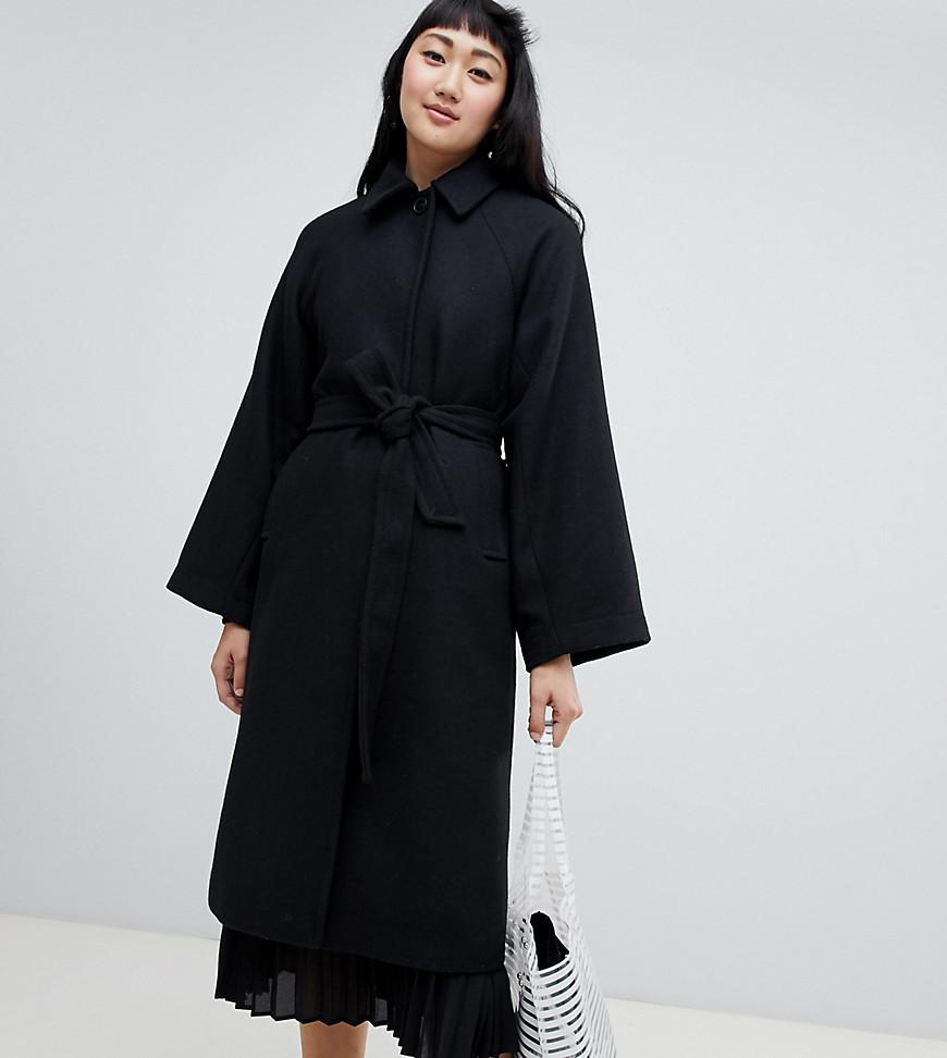 Monki Denim Tailored Belted Coat In Black - Lyst