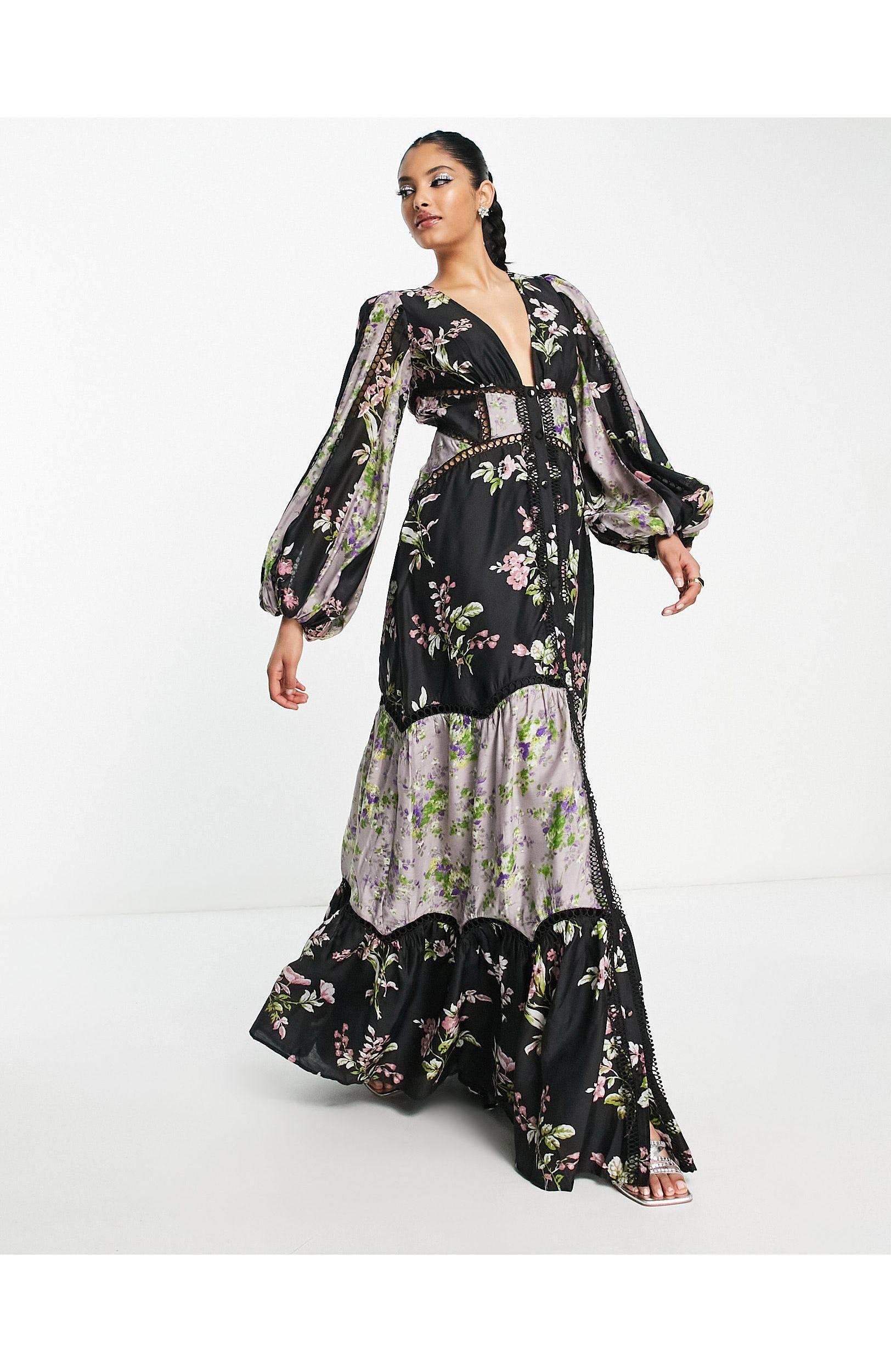 ASOS Color Block Print Maxi Dress With Blouson Sleeves in White Lyst