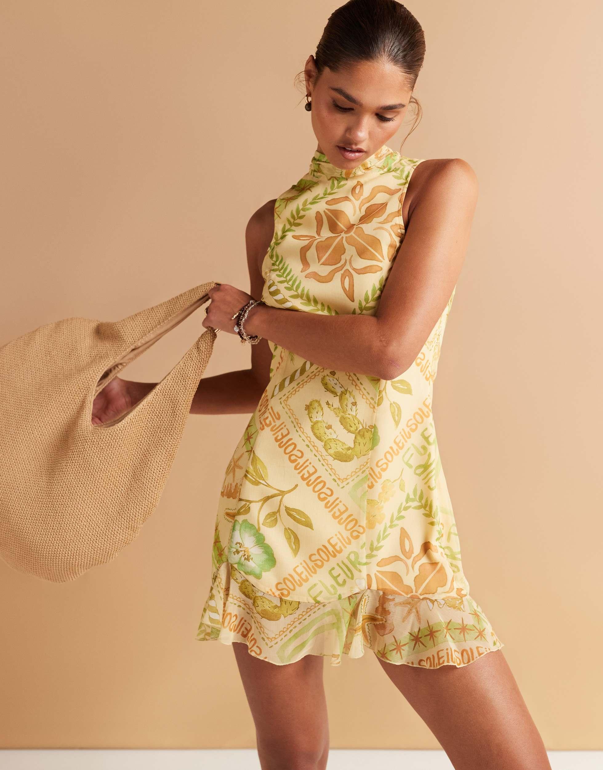 ASOS High Neck Cowl Back Chiffon Mini Dress in Natural