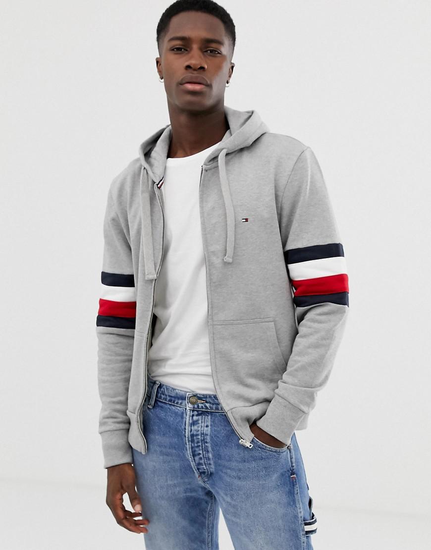 tommy hilfiger icon stripe logo print hoodie in grey marl