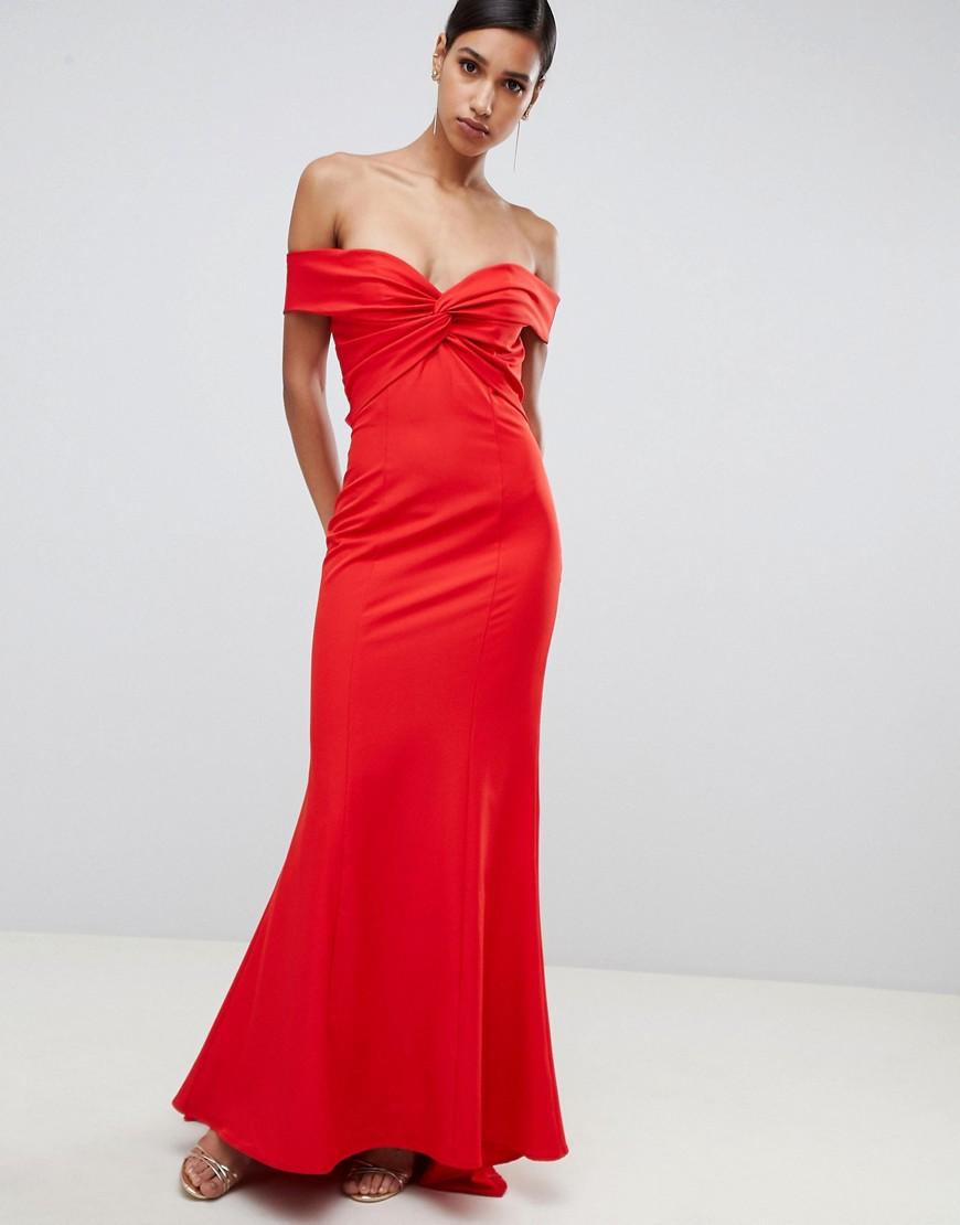 Vestito lungo rosso con incrocio frontale e posteriore e scollo alla  BardotJarlo in Materiale sintetico di colore Rosso | Lyst