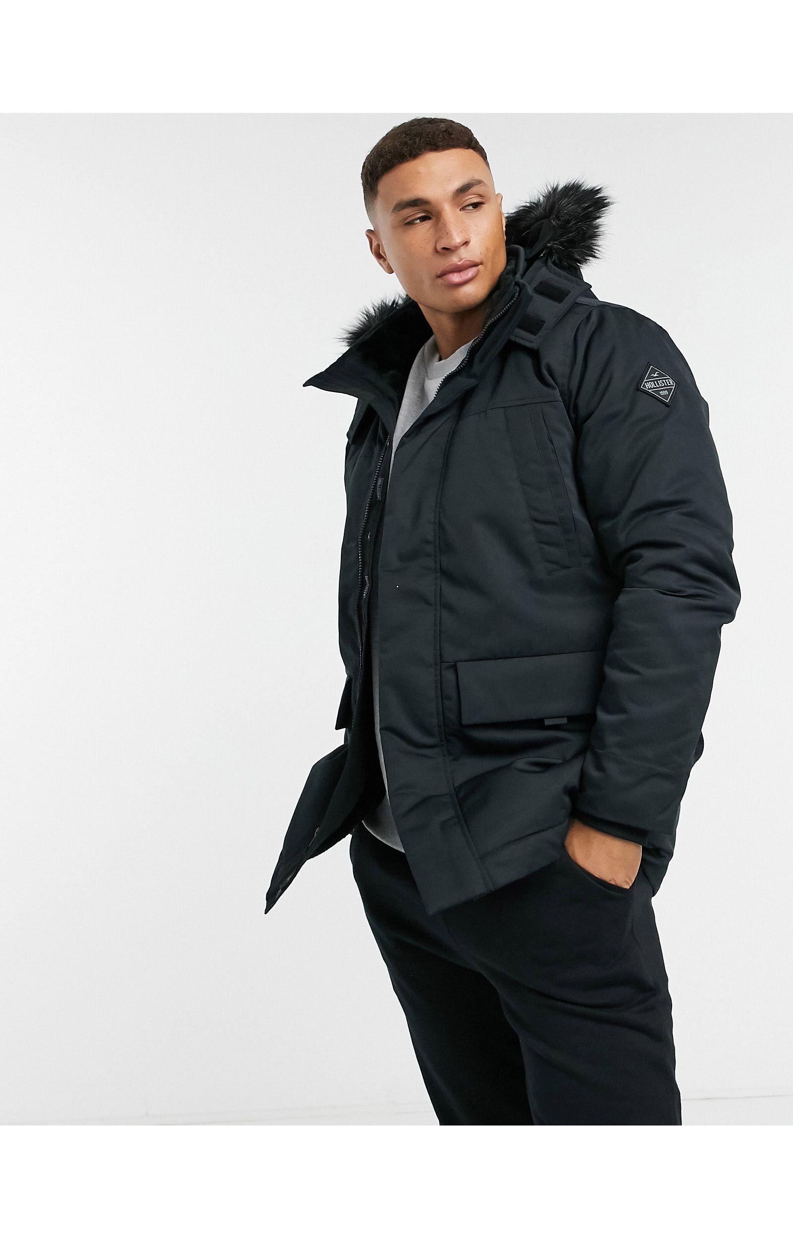 Hollister Faux Fur Lined Hooded Parka Coat in Black for Men | Lyst