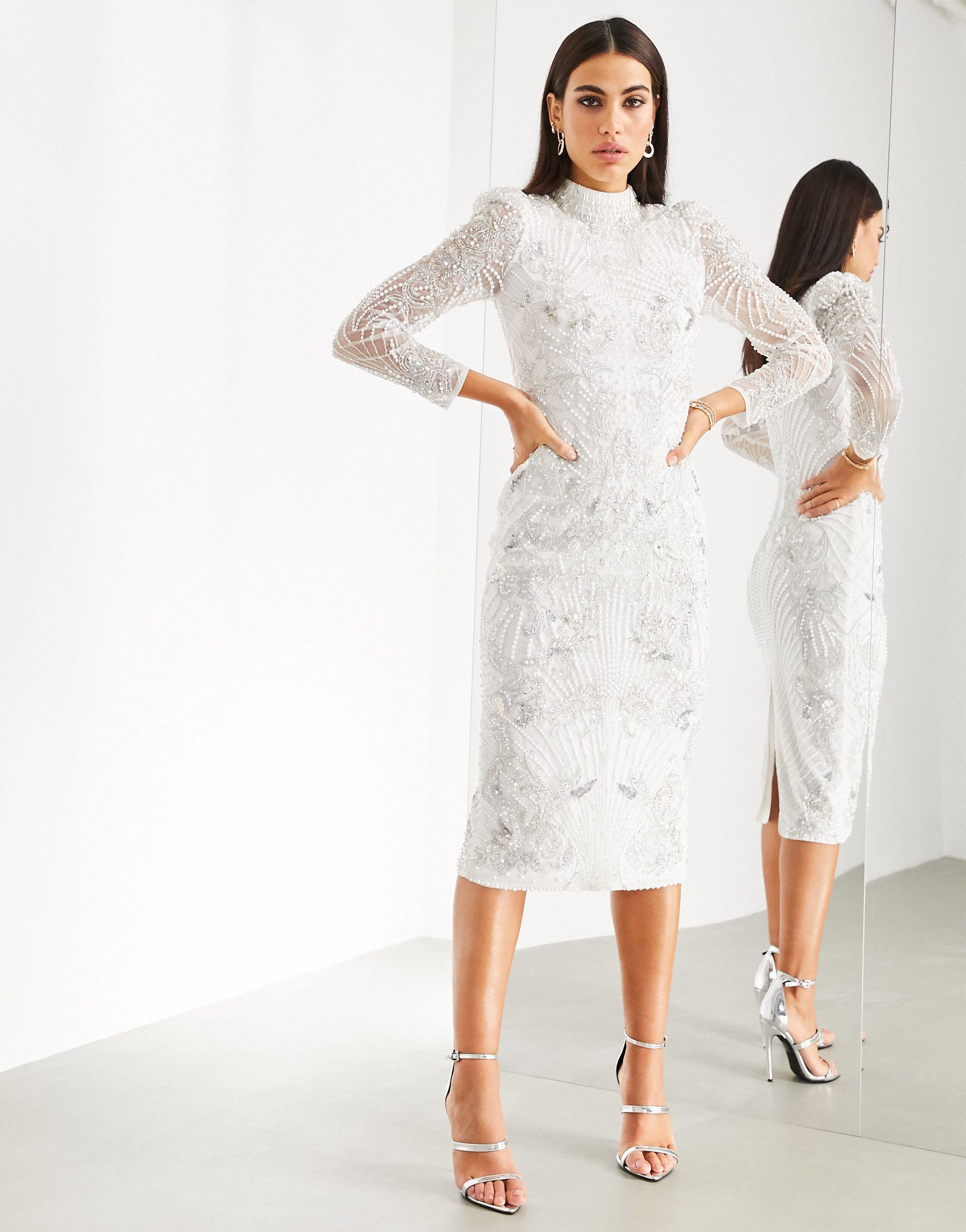ASOS Pearl Placement Midi Dress-white | Lyst