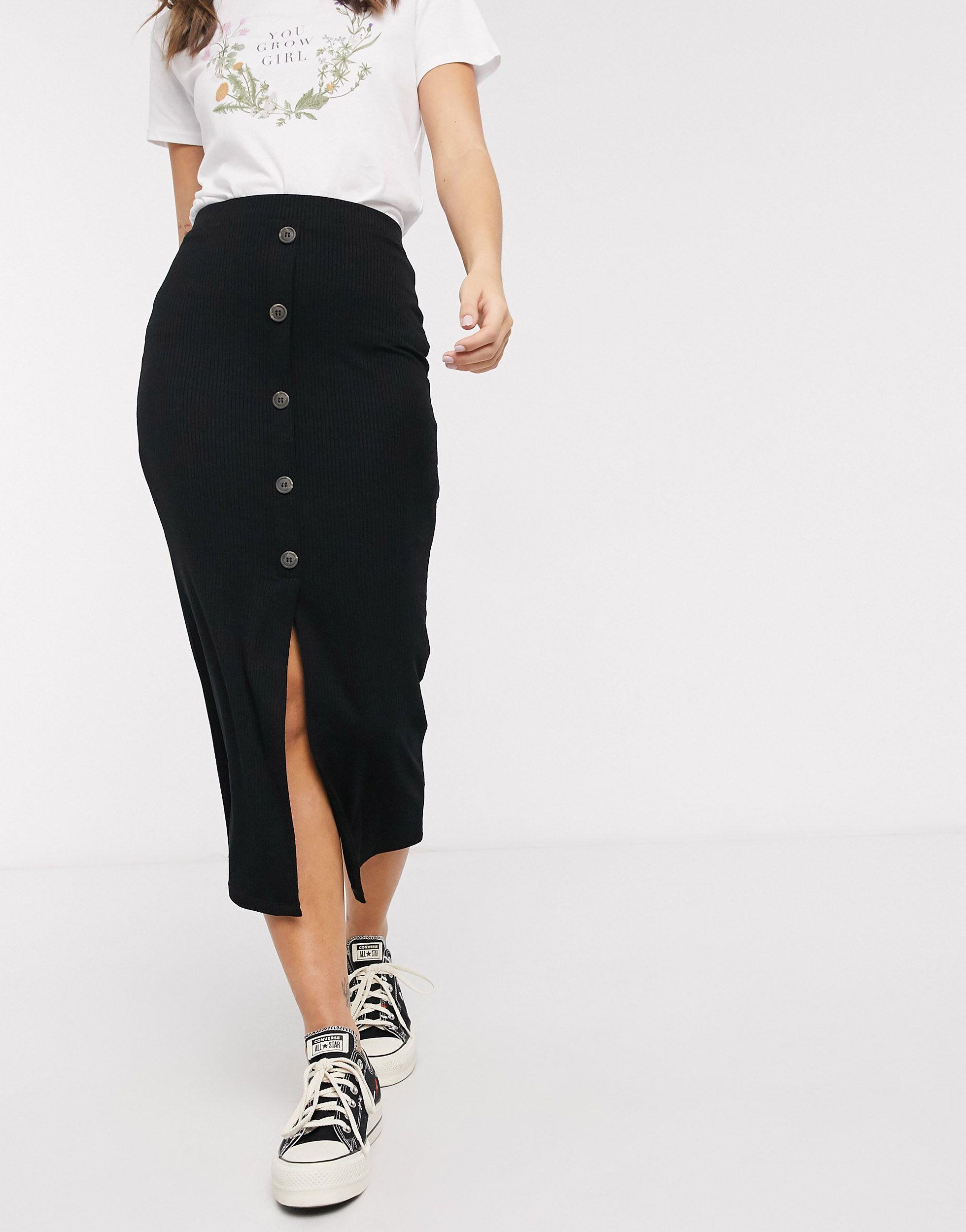 high waisted midi skirt with buttons