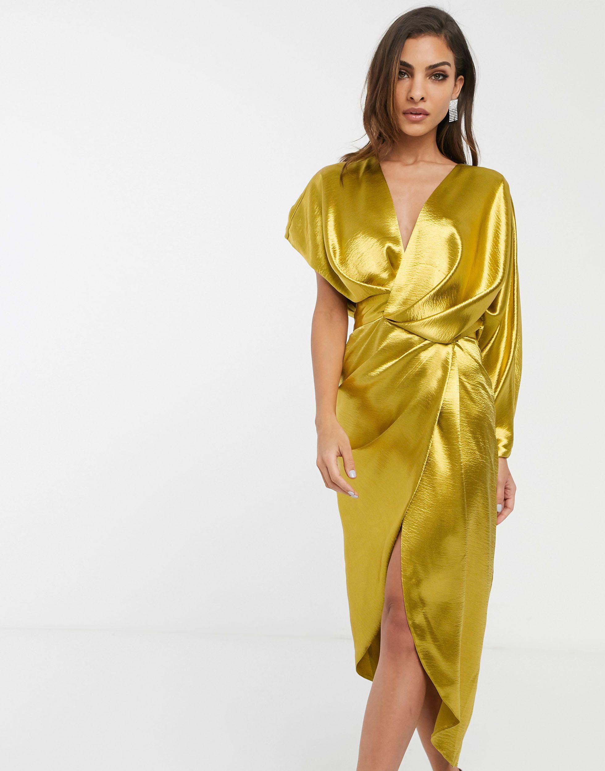 ASOS High Shine Satin Drape Wrap Midi Dress With Asymmetric Sleeve in Gold  (Metallic) | Lyst