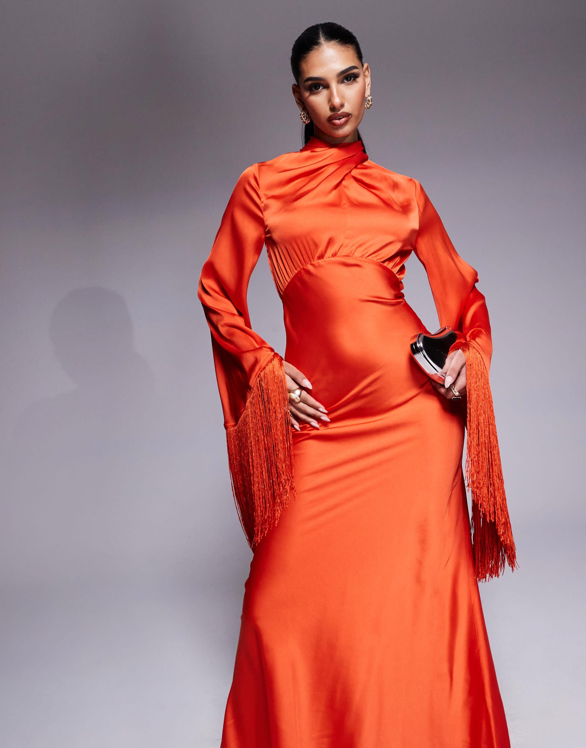 strapless open back dress Rent Asos Design Channel Detail Halter Neck Trapeze Tiered Maxi Dress In  Bright Orange main image 1