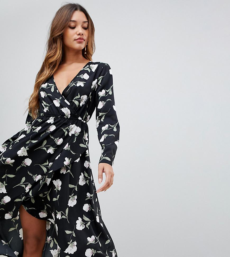 boohoo ruffle wrap midi dress in floral