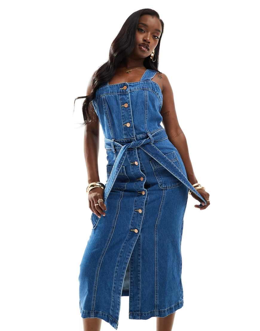 River Island Button Through Denim Midi Dress in Blue | Lyst UK