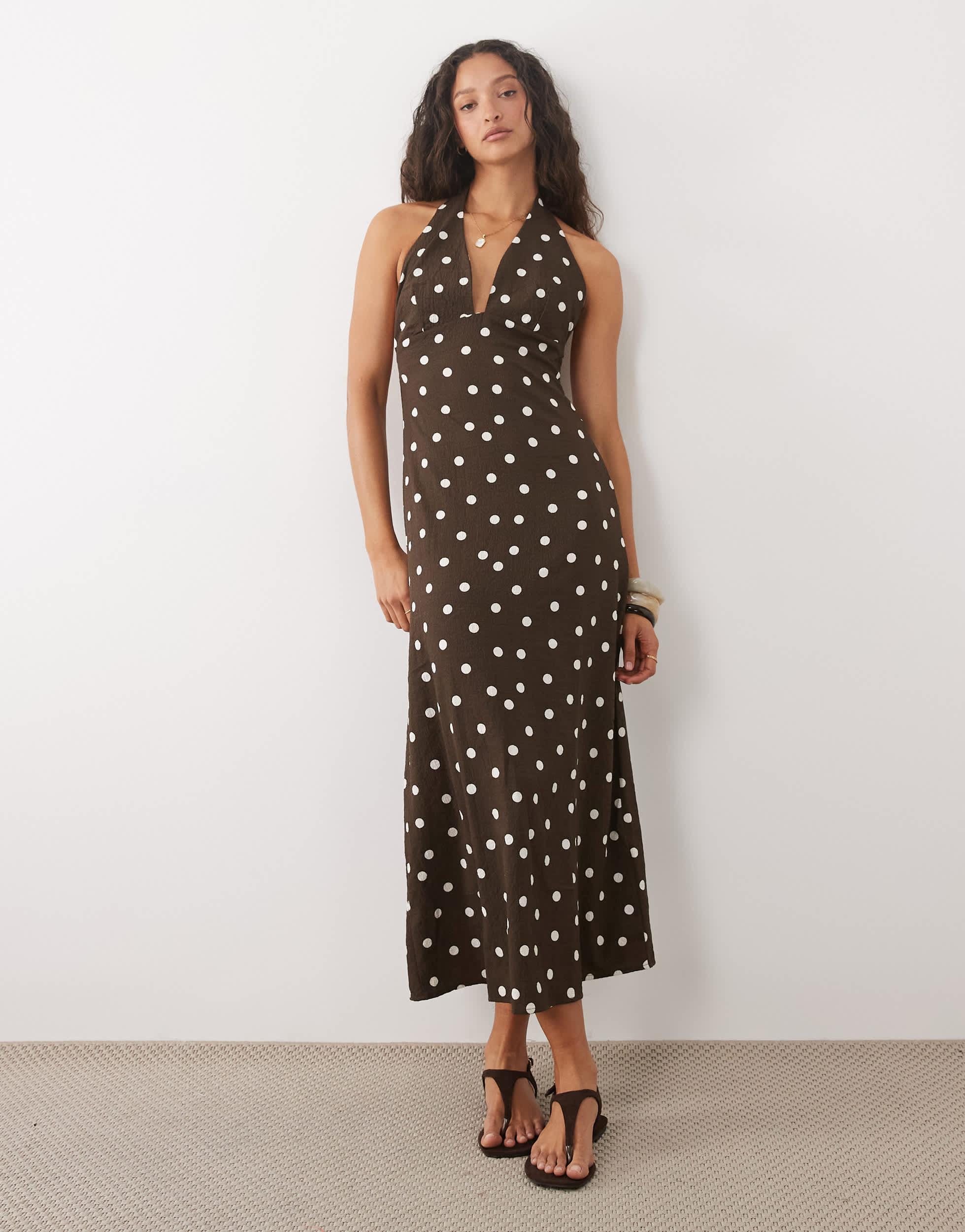 mens brown dress shoe laces Women's Brown Polka Dot Chiffon Scarf Detail Maxi Dress | Kathani main image 1