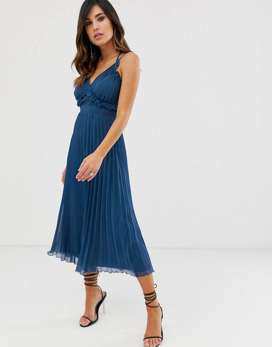 ASOS Synthetic Pleated Cami Midi Dress in Navy (Blue) - Lyst