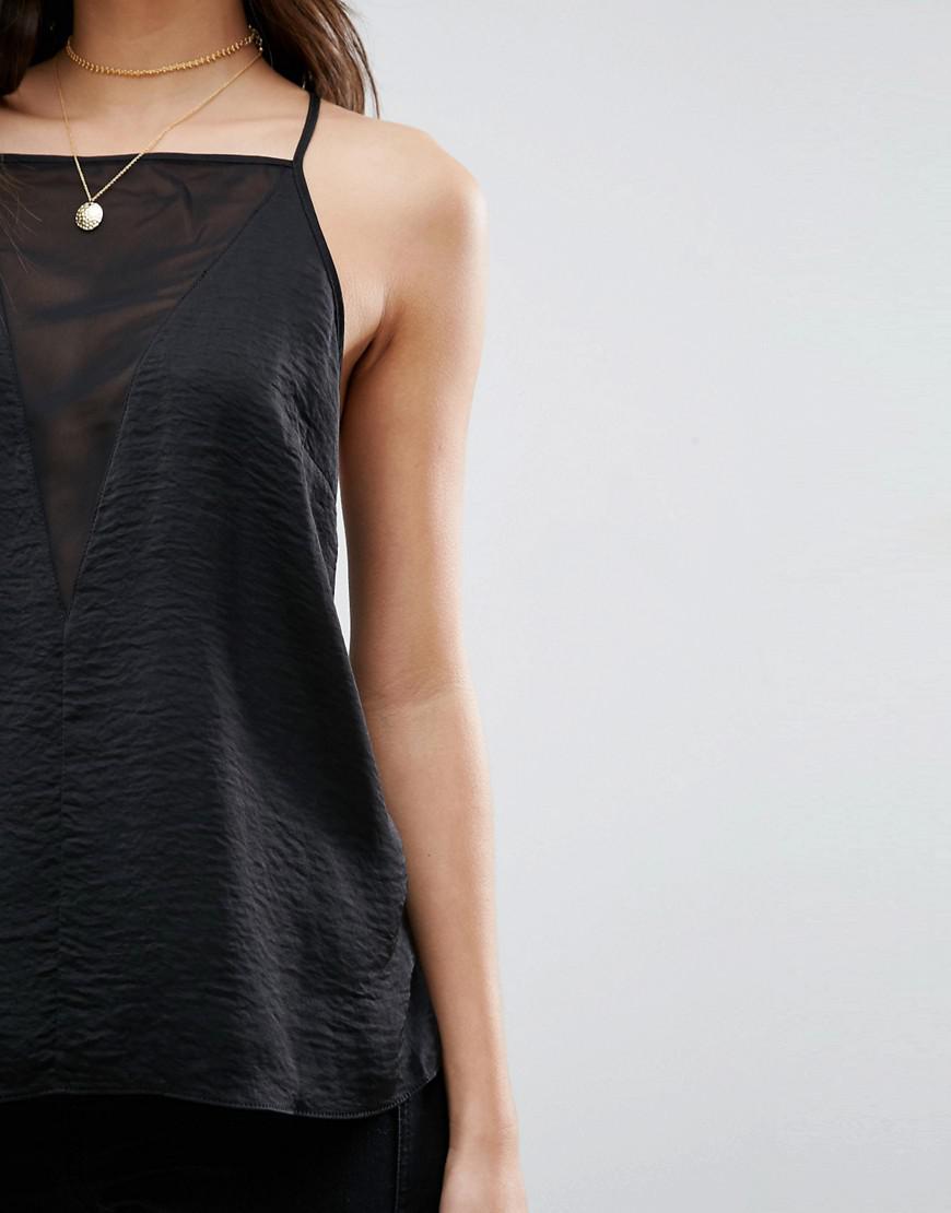 ASOS Synthetic Strappy Back Cami With Mesh Plunge in Black