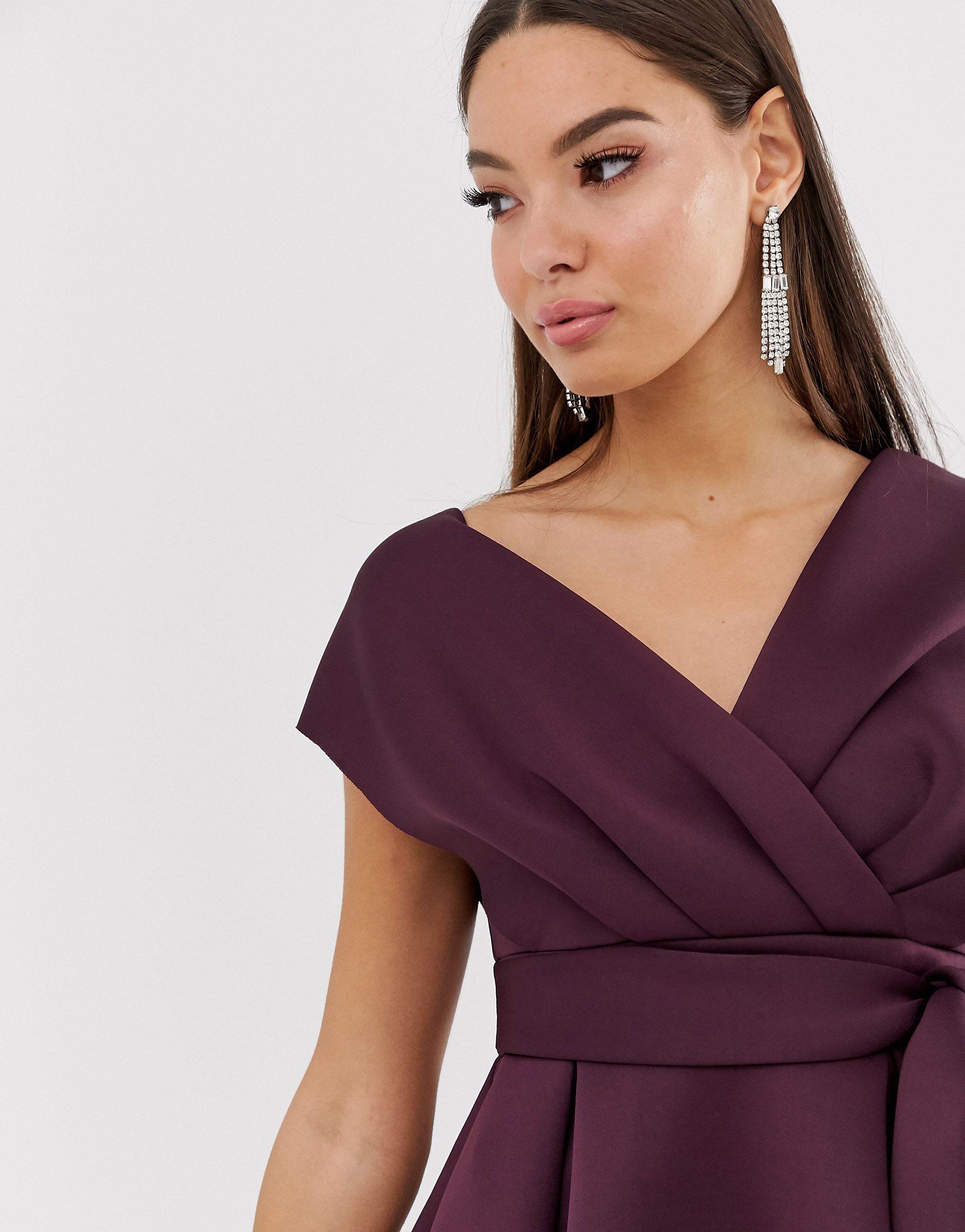 asos design fallen shoulder tux prom midi dress