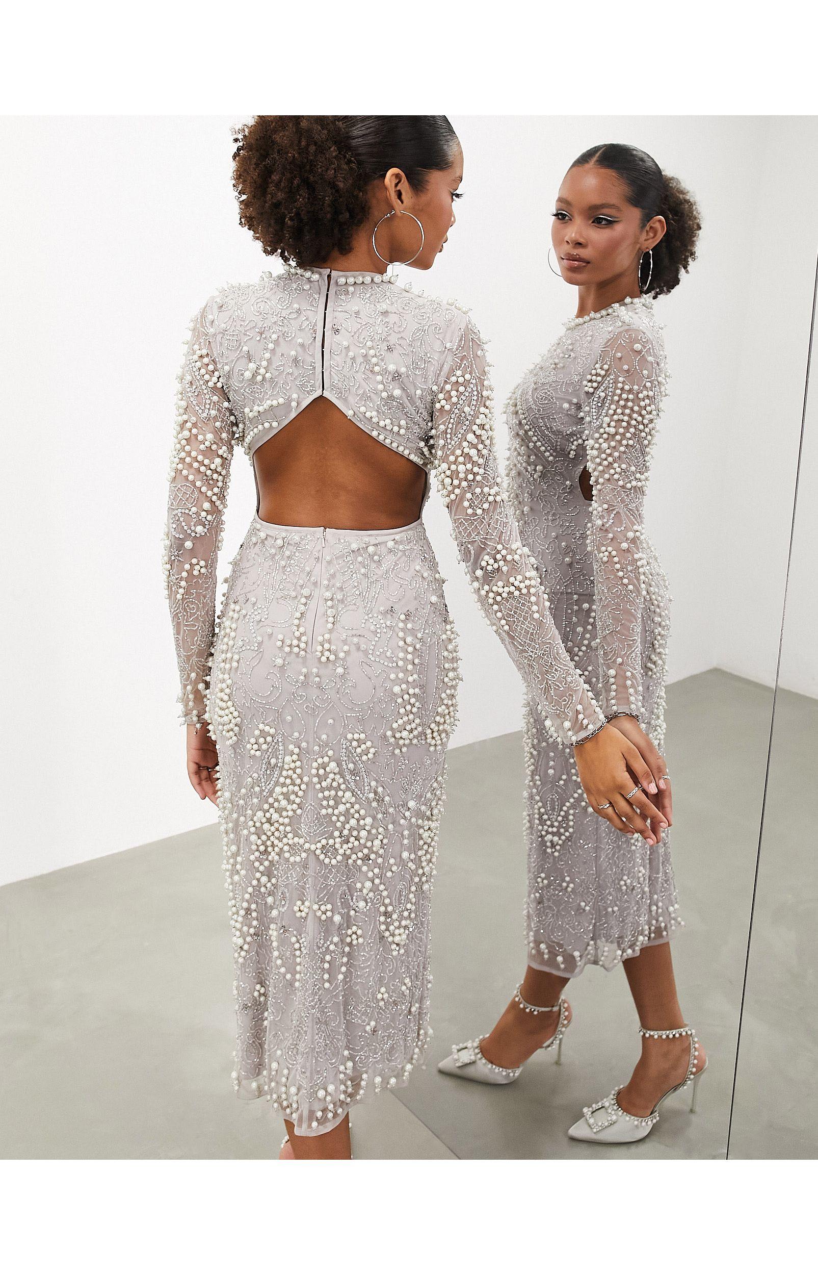 ASOS Pearl Embellished Bodycon Midi Dress With Cut Out Back in White Lyst UK
