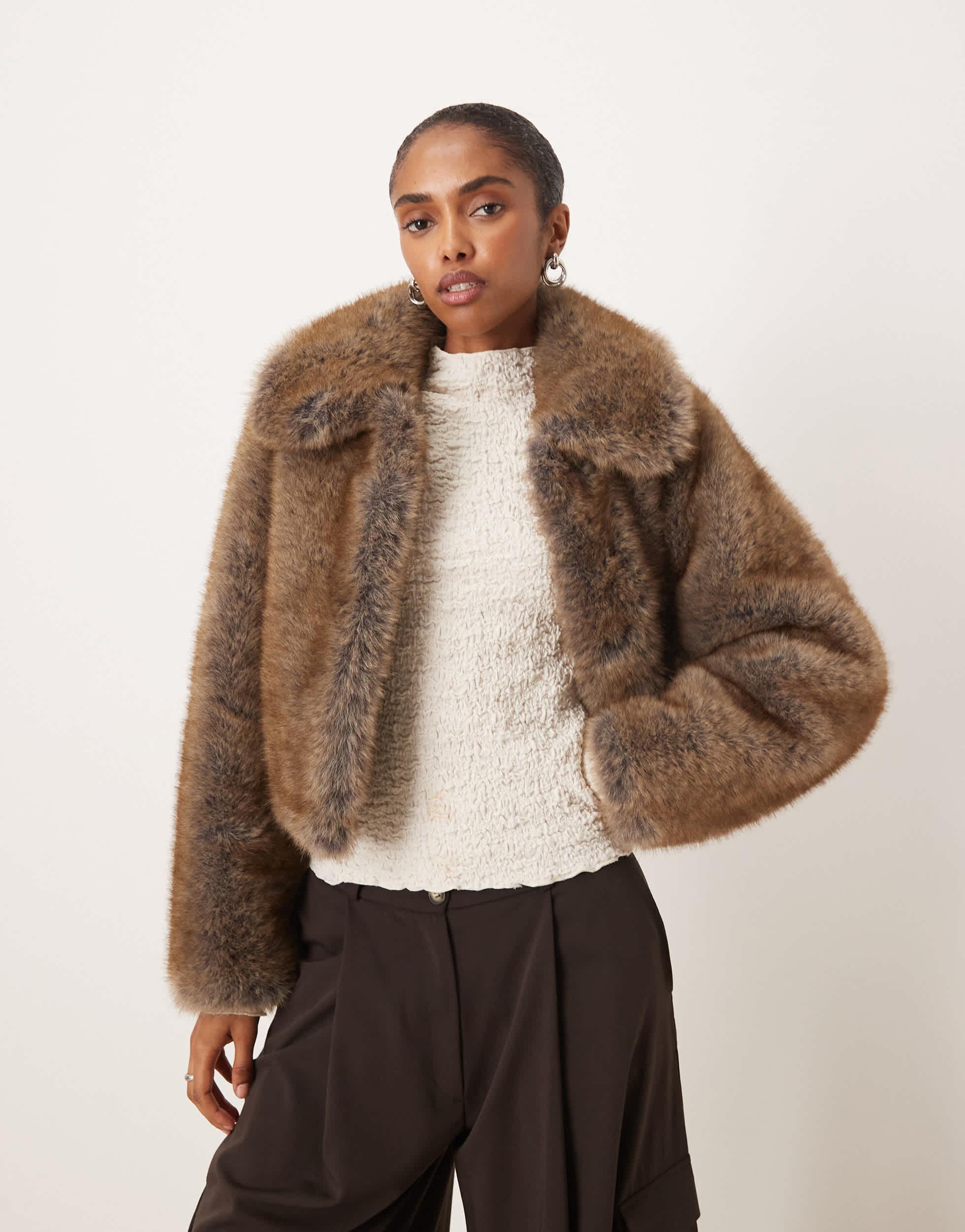 Mango Faux Fur Cropped Jacket With Collar Detail in Brown | Lyst 