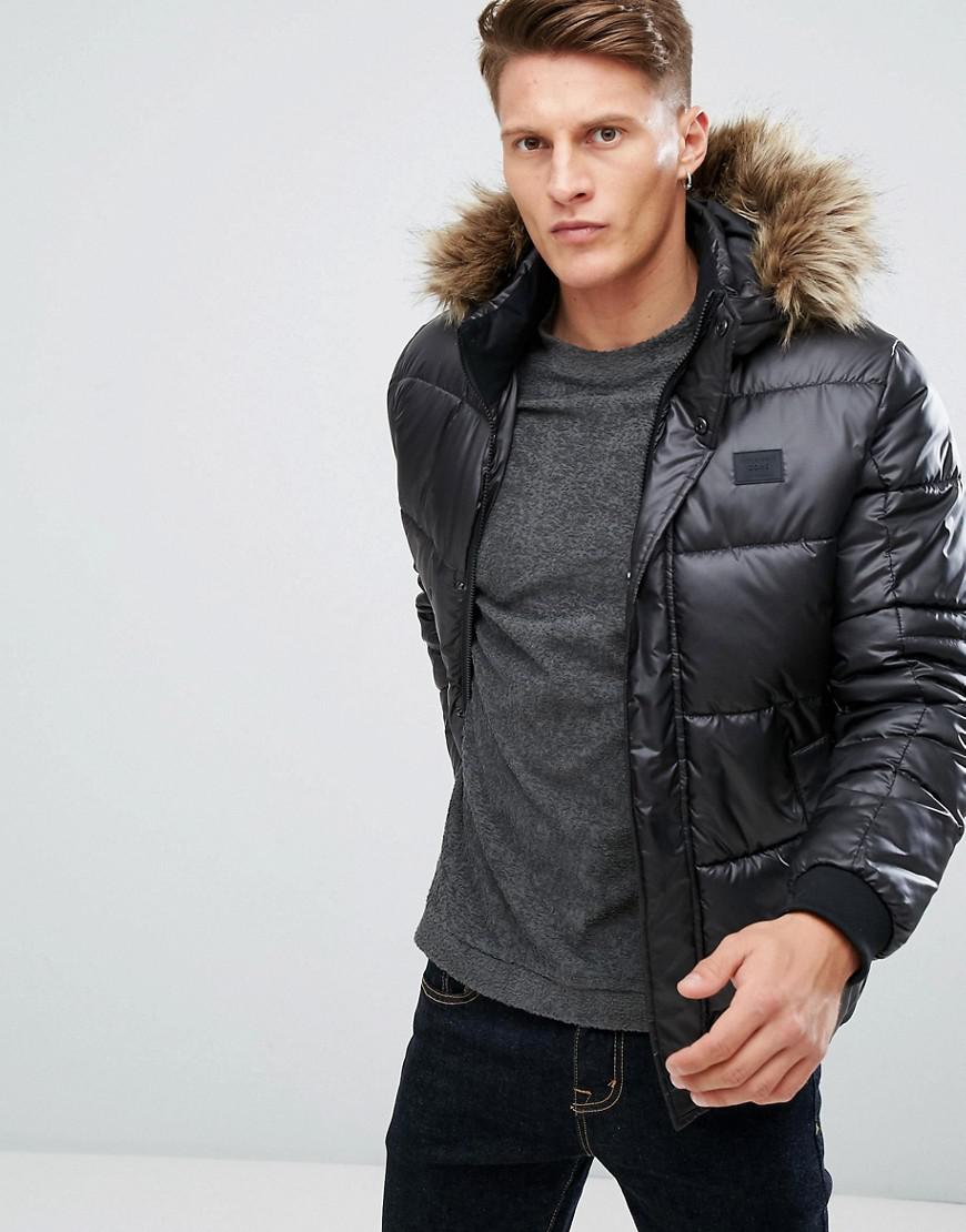 Jack & Jones Denim Core Puffer Jacket With Faux Fur Hood in Black for Men |  Lyst