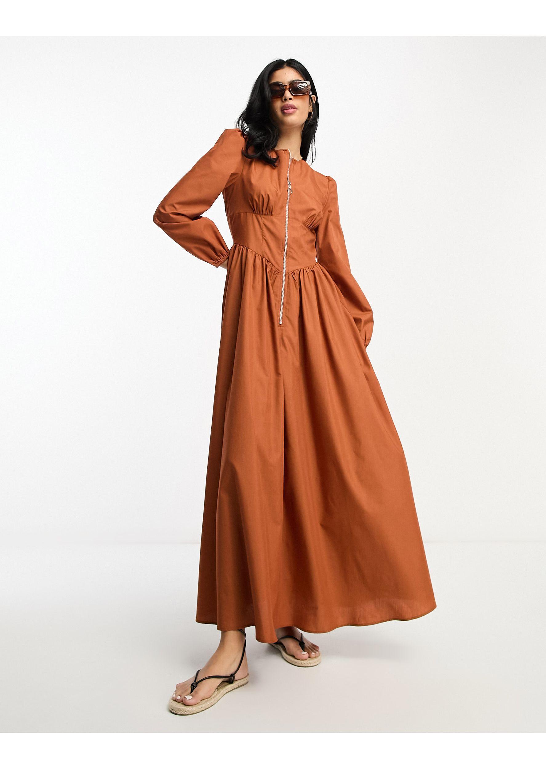 Robe longue style fonctionnelle en coton avec détail zippé et taille basse  - tabac ASOS en coloris Orange | Lyst