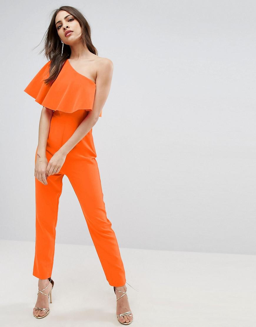 ASOS Synthetic One Shoulder Ruffle Jumpsuit in Orange - Lyst