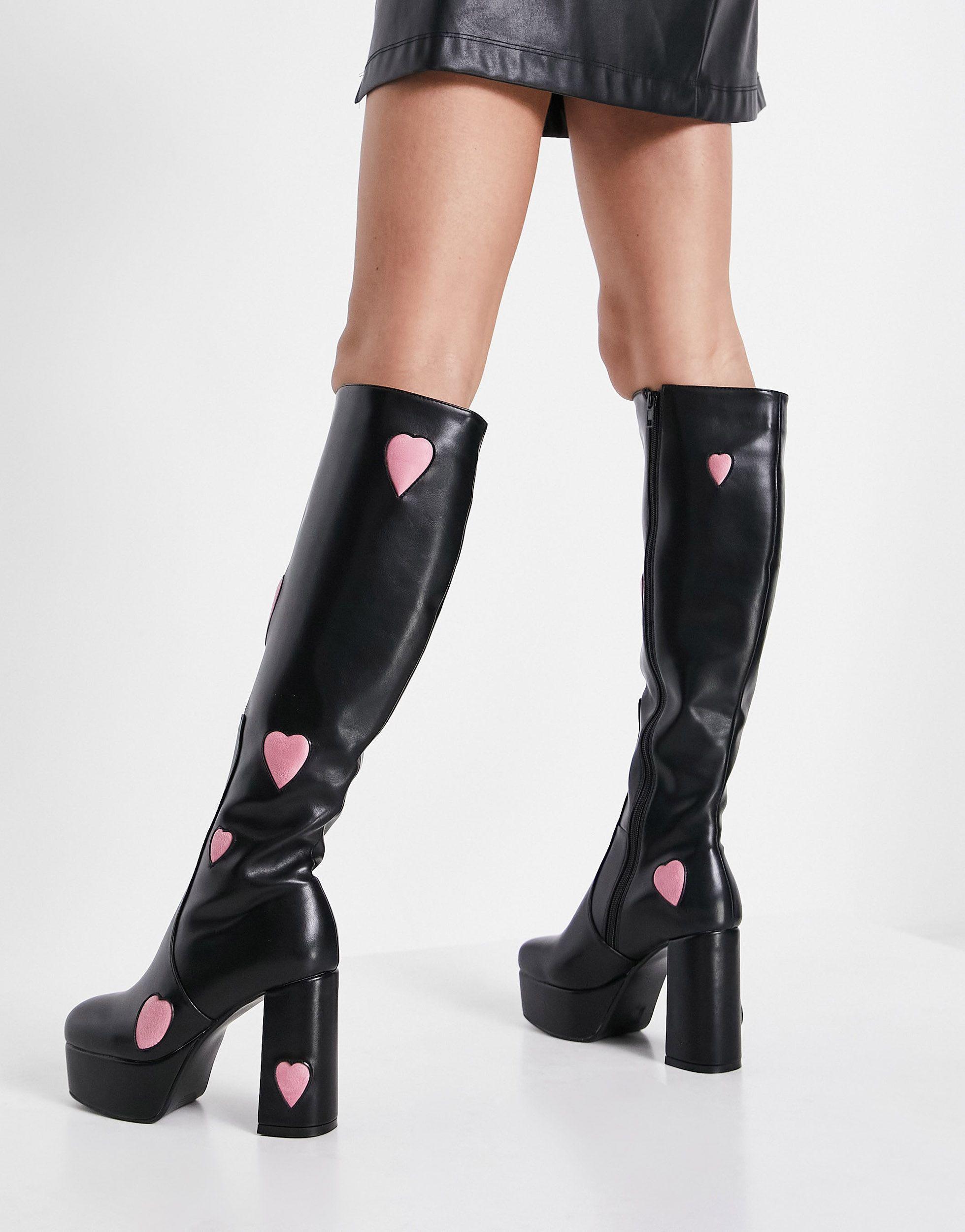 Bottes à plateforme hauteur genou avec cœurs roses LAMODA en coloris Noir |  Lyst