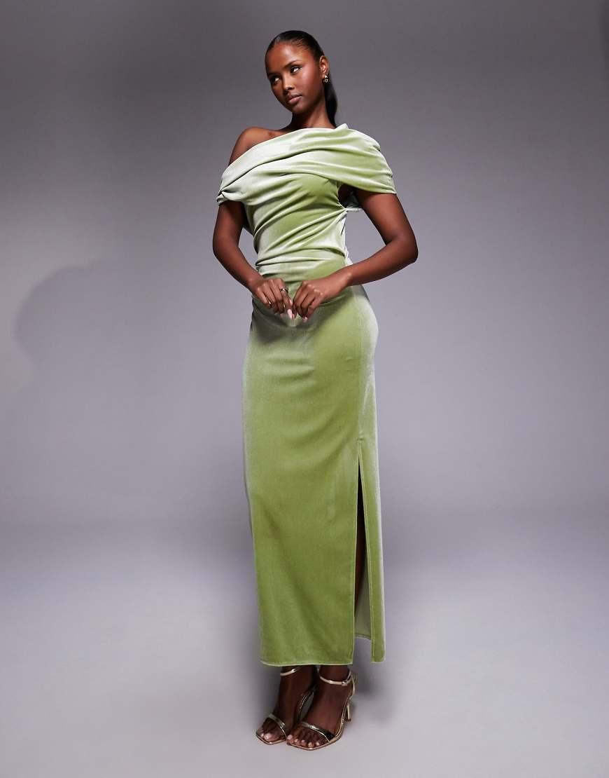 asos green velvet maxi dress ASOS DESIGN Modesty velvet batwing bias maxi dress with floral embroidery  in forest green