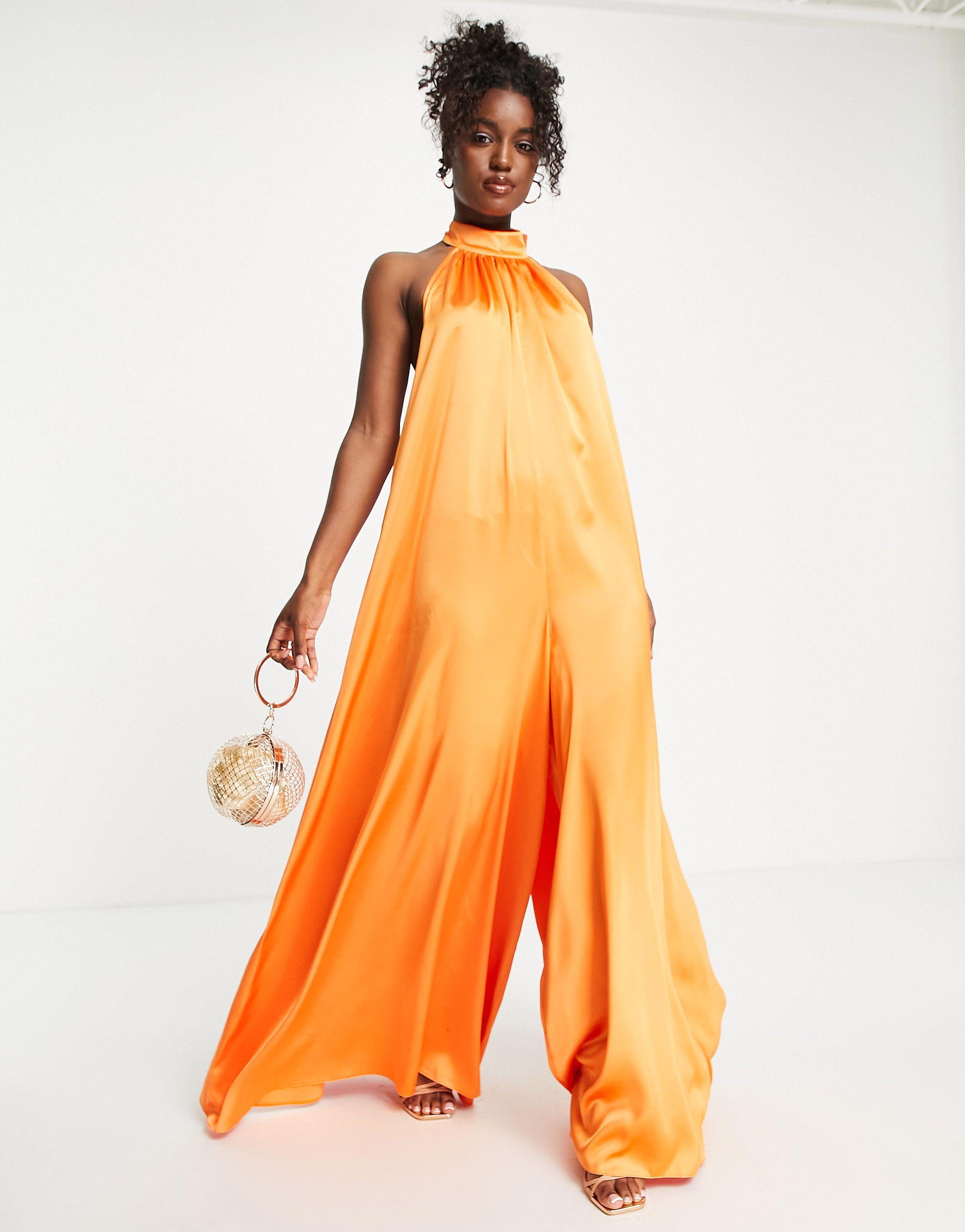 Asos Satin Halter Neck Blackless Wide Leg Jumpsuit In Orange Lyst