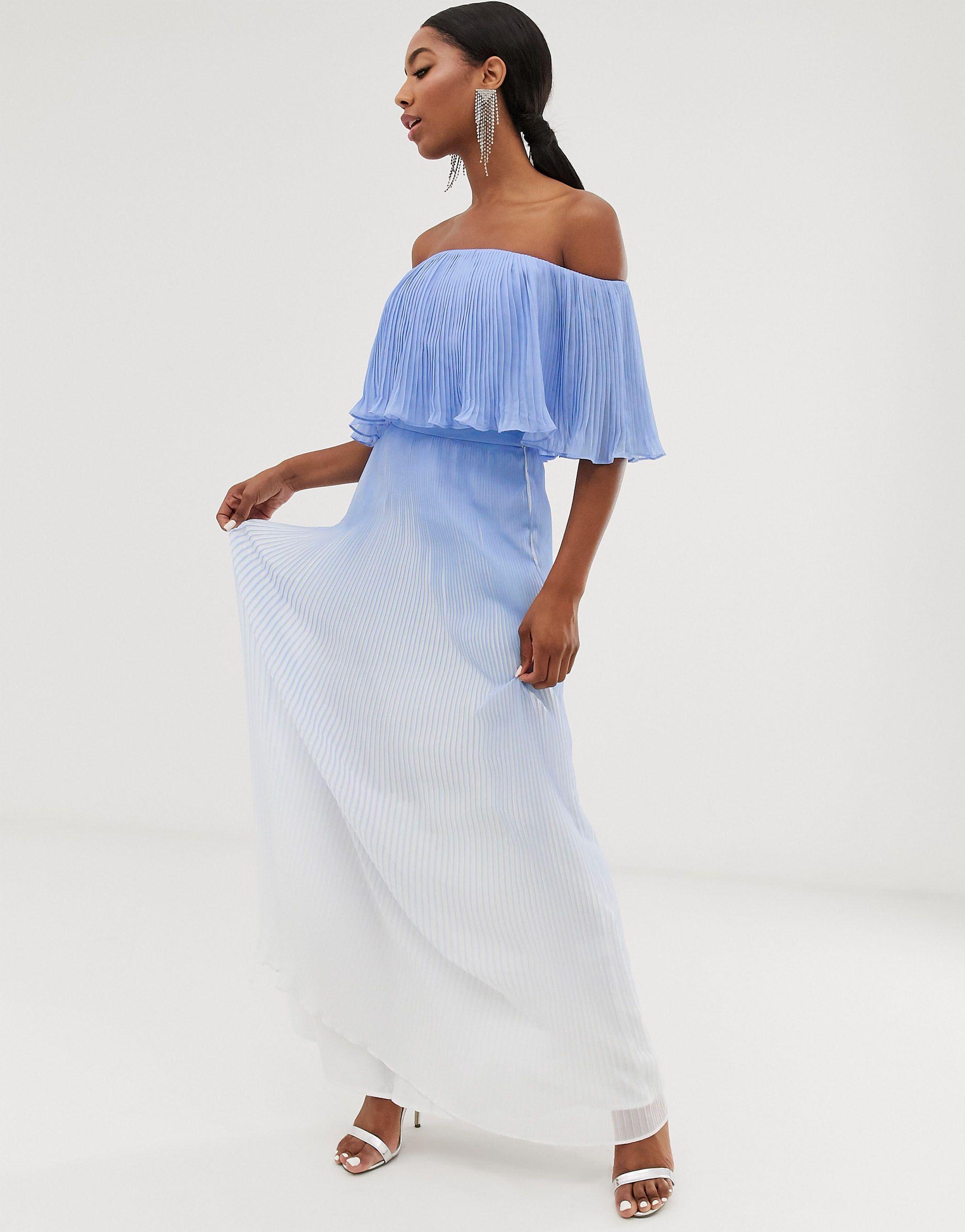 bardot pleated maxi prom dress