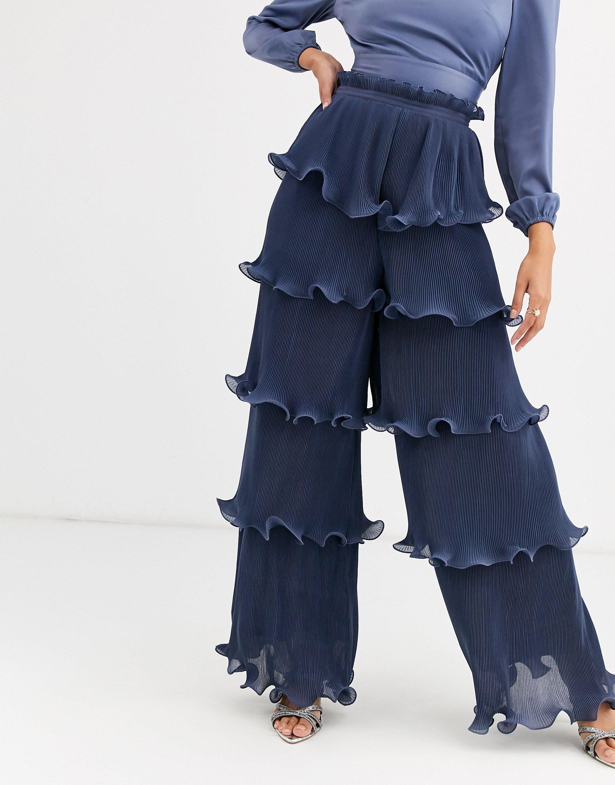 True Decadence High Waist Multi Tiered Trouser With Ruffle Trim in Blue -  Lyst