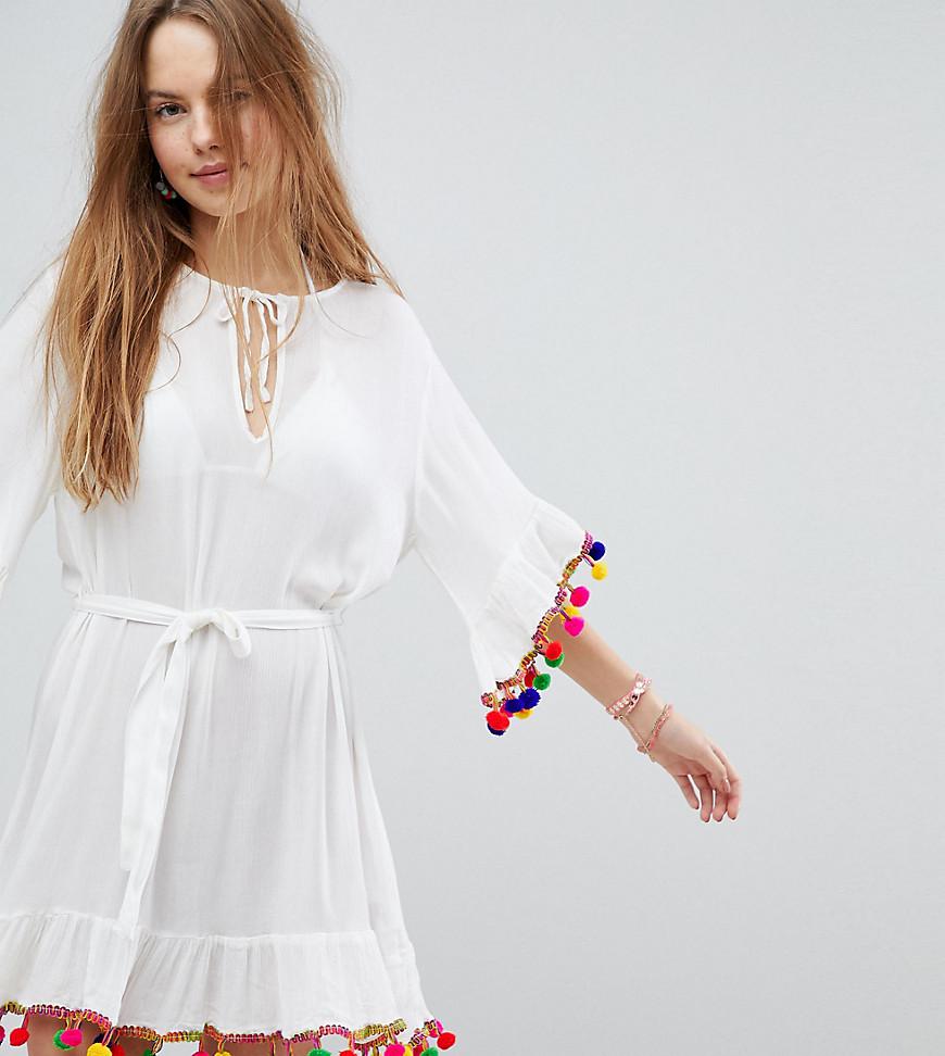 Akasa Pom Pom Trim Beach Dress in White | Lyst Australia