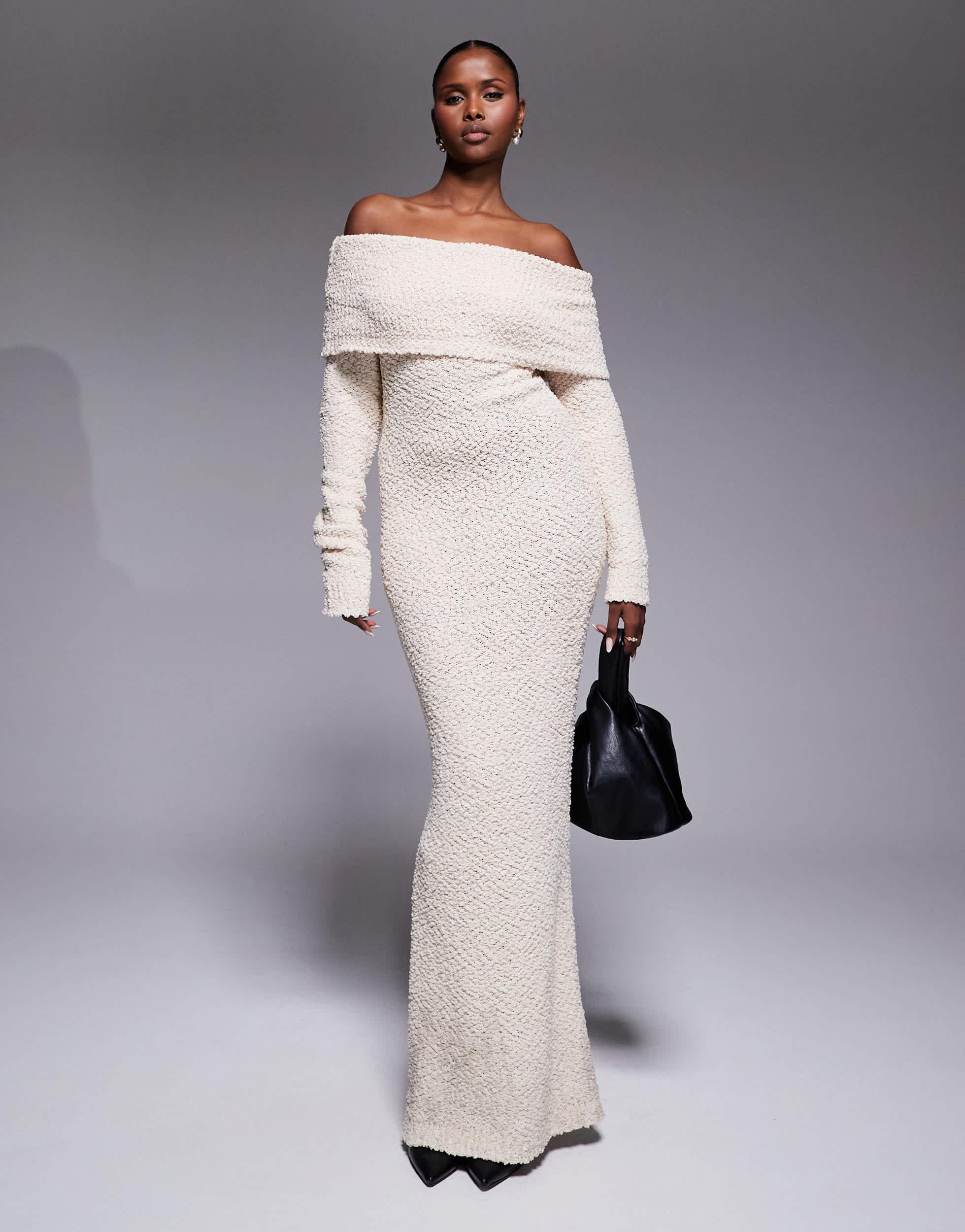 JLUXLABEL Olivea Boucle Foldover Bardot Knit Maxi Dress in Gray | Lyst