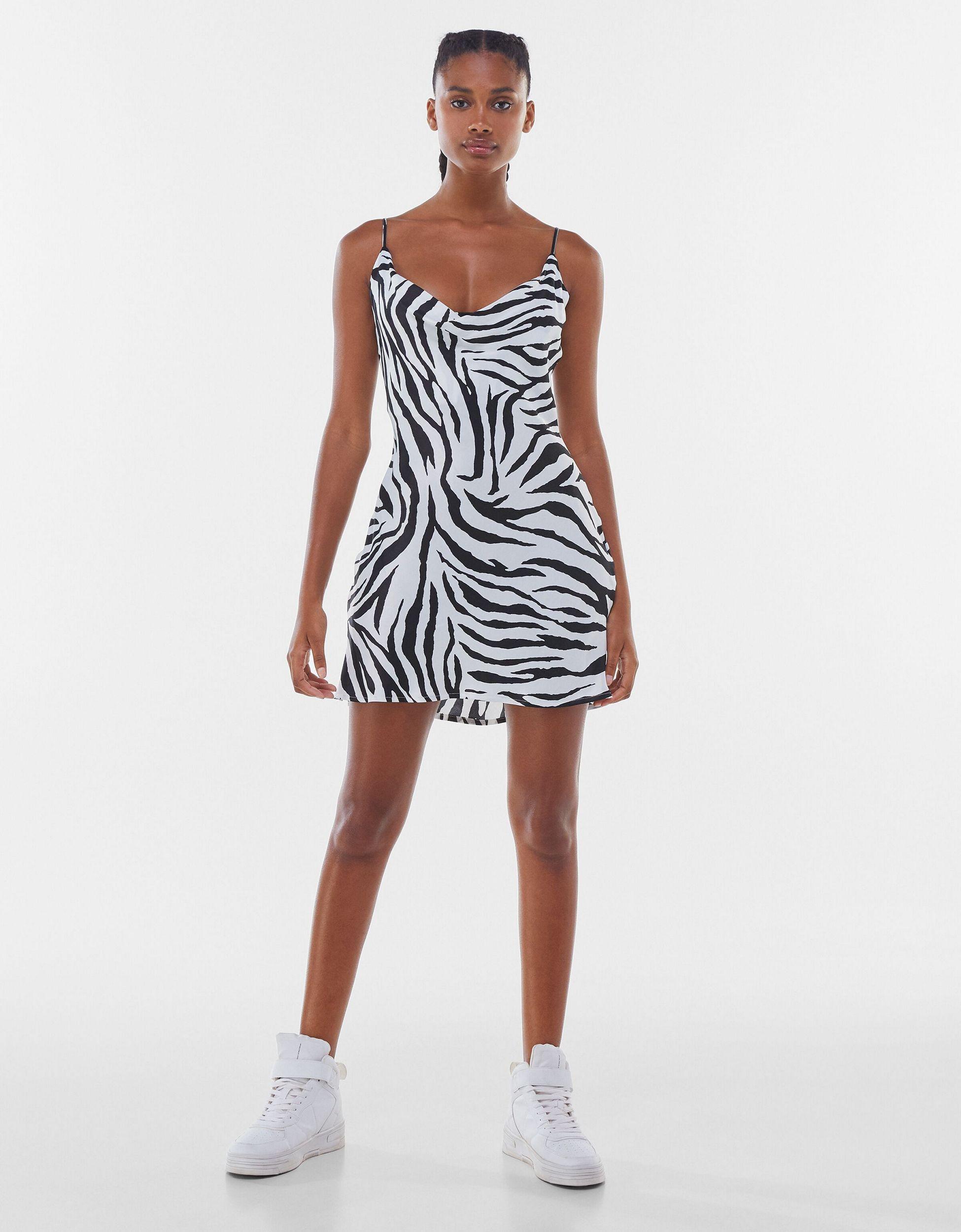 Bershka Satin Mini Zebra Print Dress in Black | Lyst