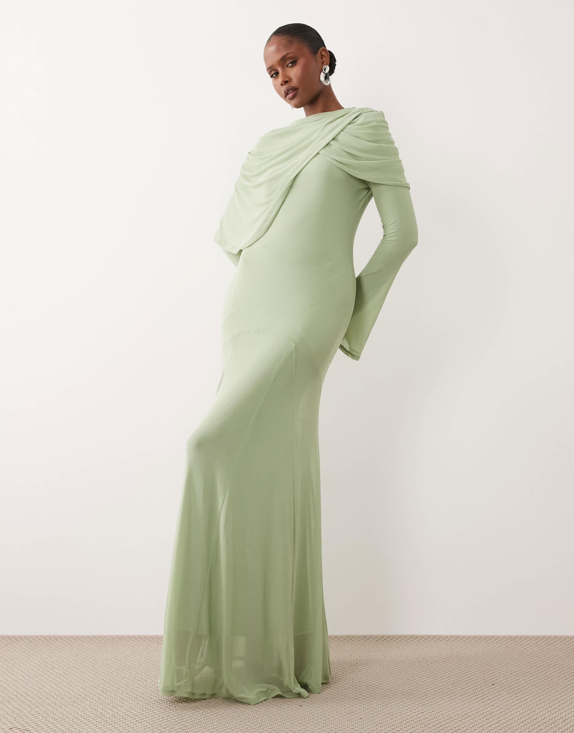 strapless open back dress The Malinah Modest Beaded Long Sleeve A Line Drape Sleeve – Iyza Belaar main image 1