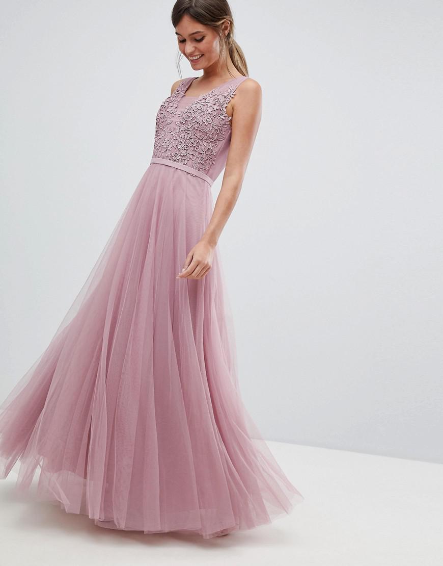Little Mistress Lace Detail Tulle Maxi Dress in Pink | Lyst