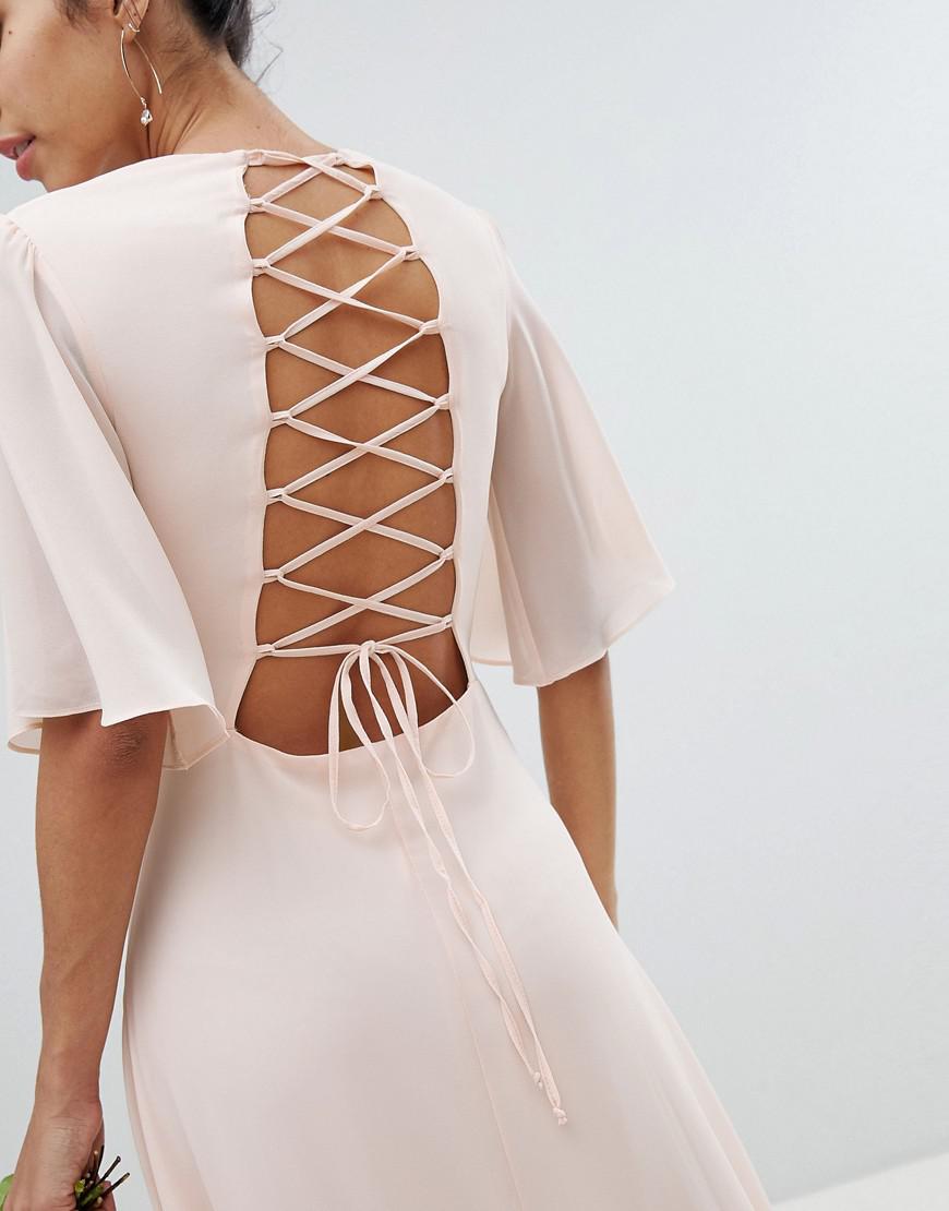 tfnc lace up back maxi bridesmaid dress with flutter sleeve