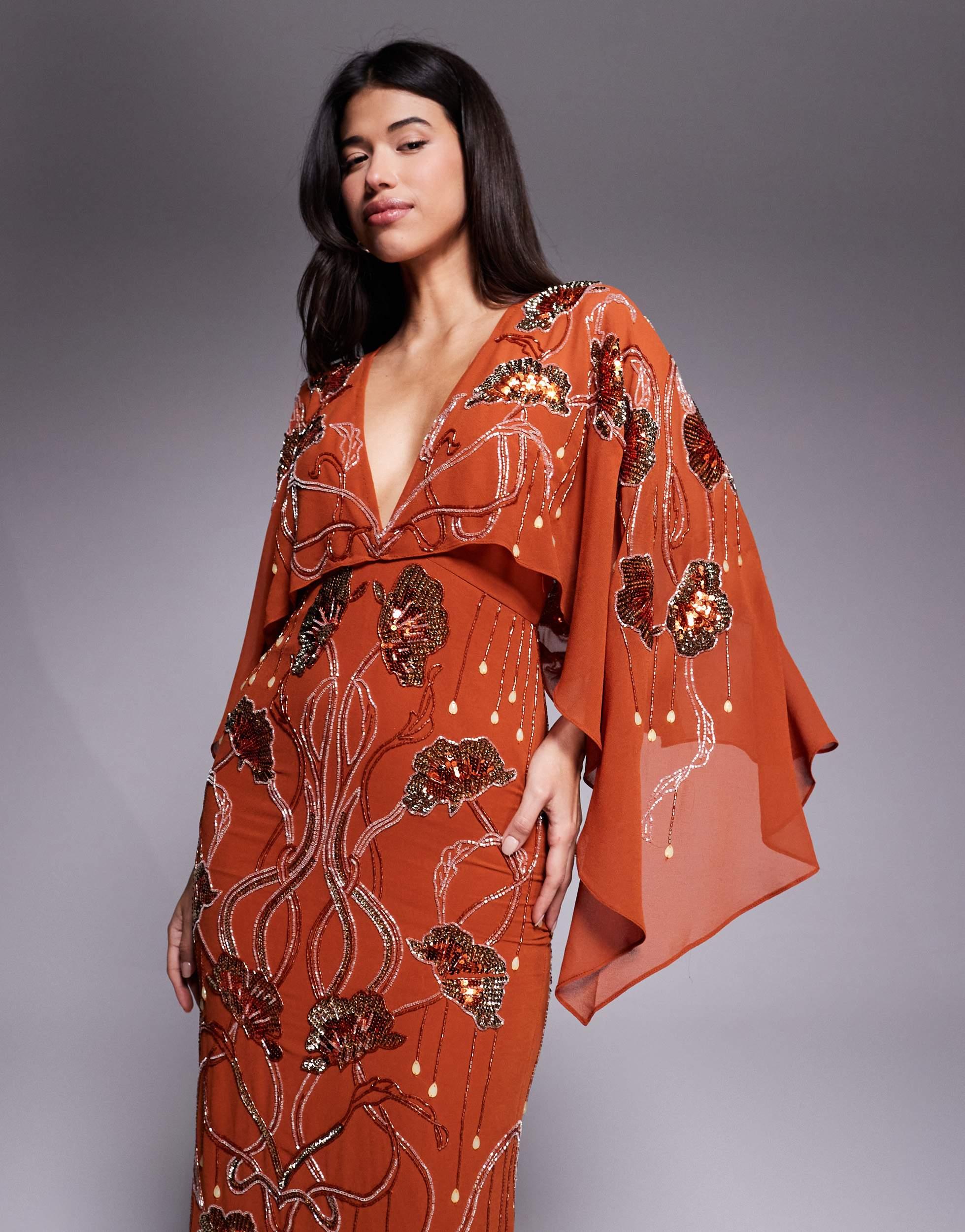 asos design kimono midi dress with delicate beaded embellishment ASOS EDITION + Sequin & Pearl Kimono Sleeve Midi Dress