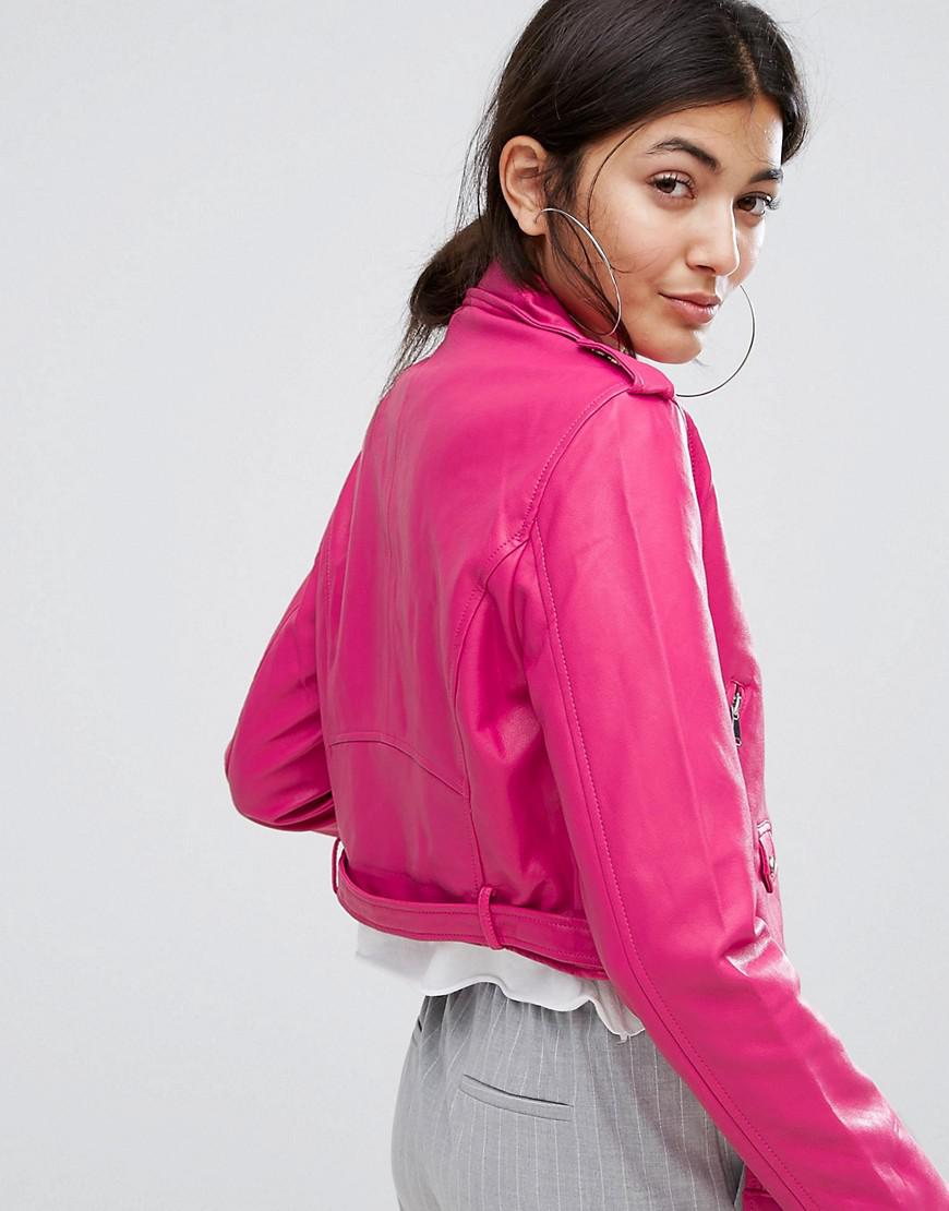 Bershka Leather Look Biker Jacket in Pink | Lyst