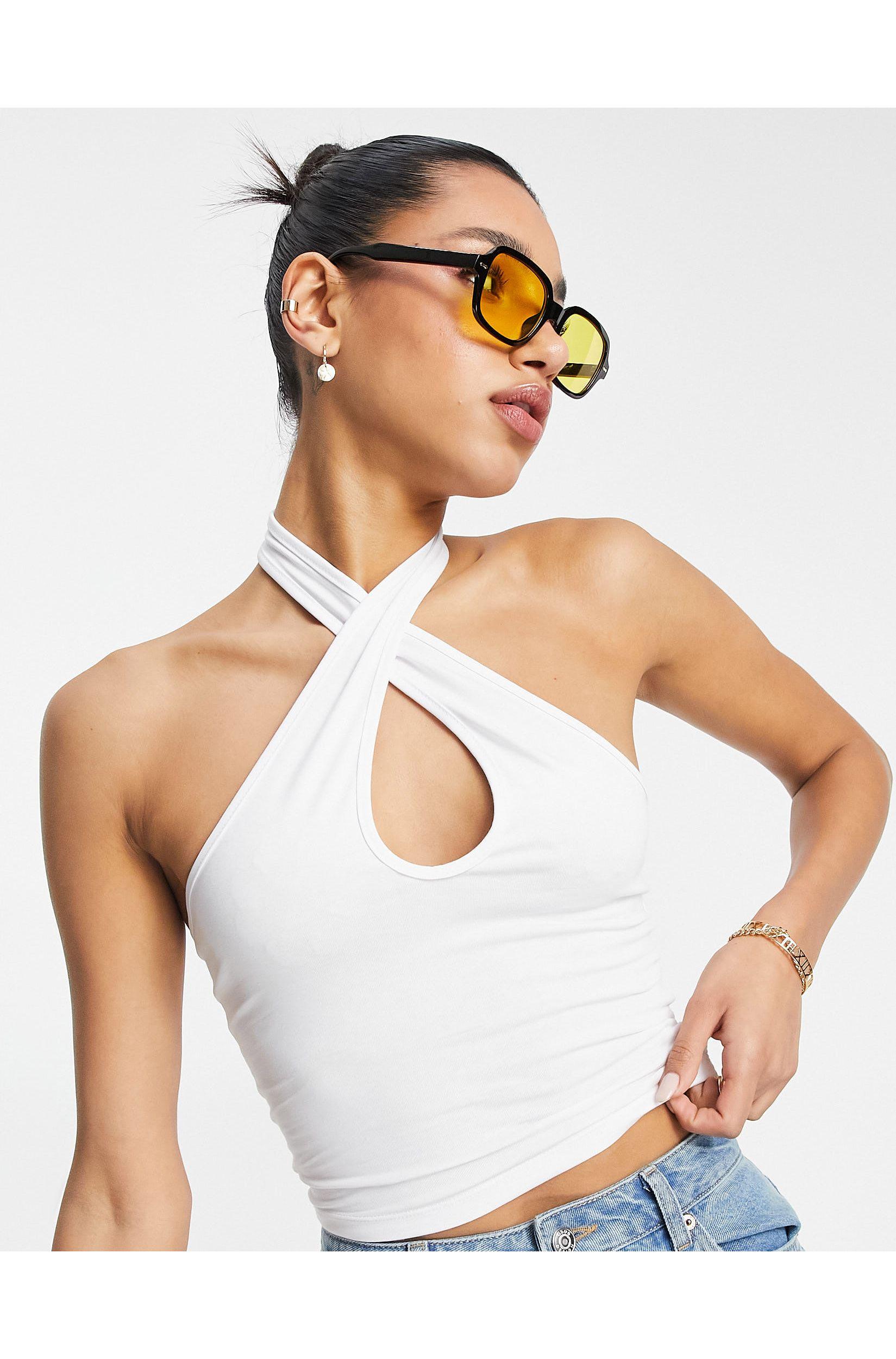 ASOS Crop Top With Wrap Halter Neck in White - Lyst