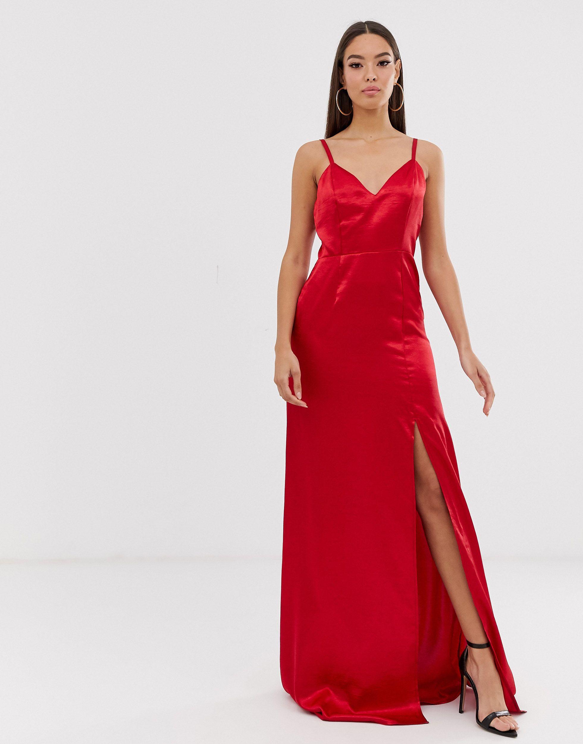 Club L London Satin Thigh Split Maxi Dress in Red | Lyst