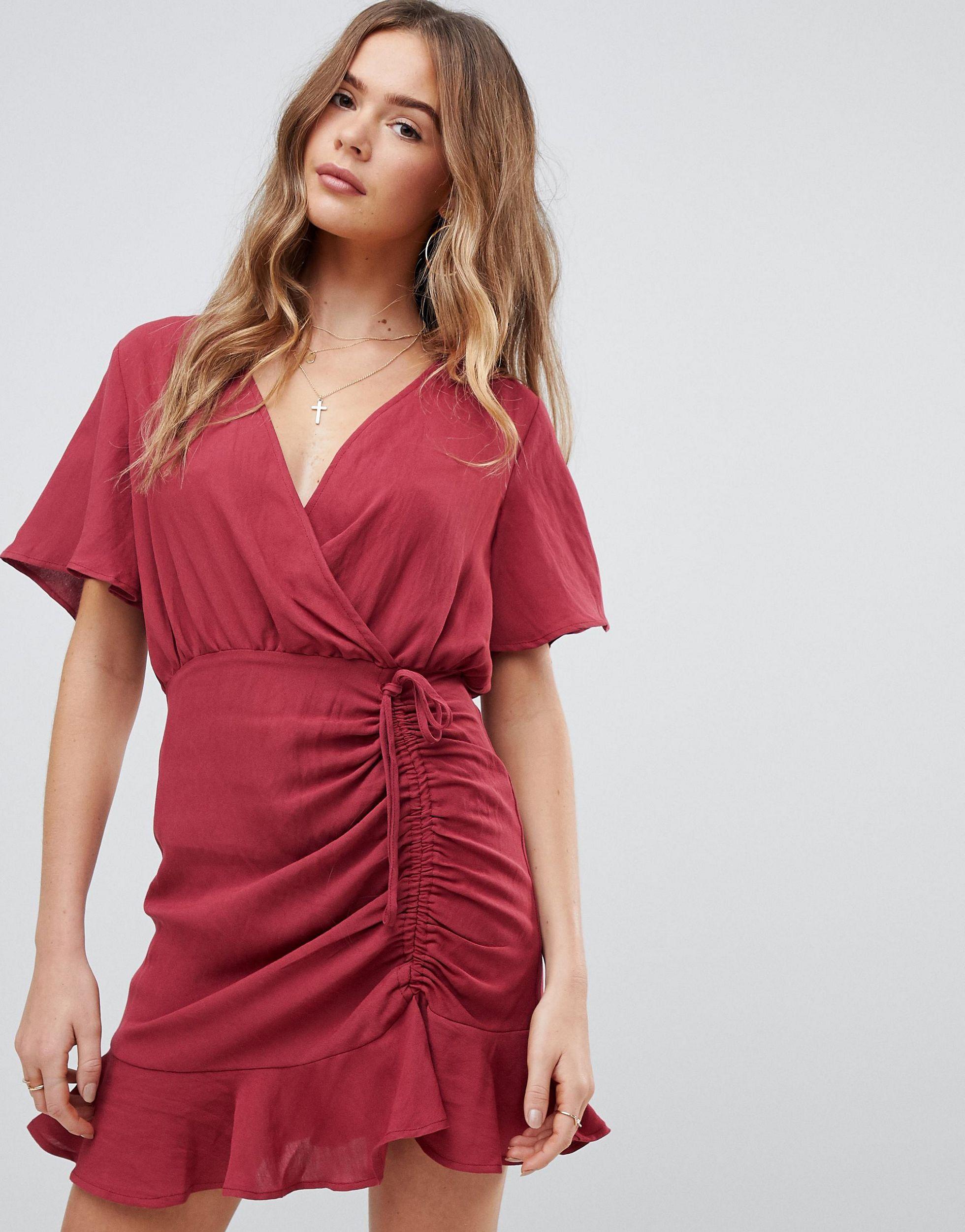 boohoo angel sleeve ruched mini dress in red