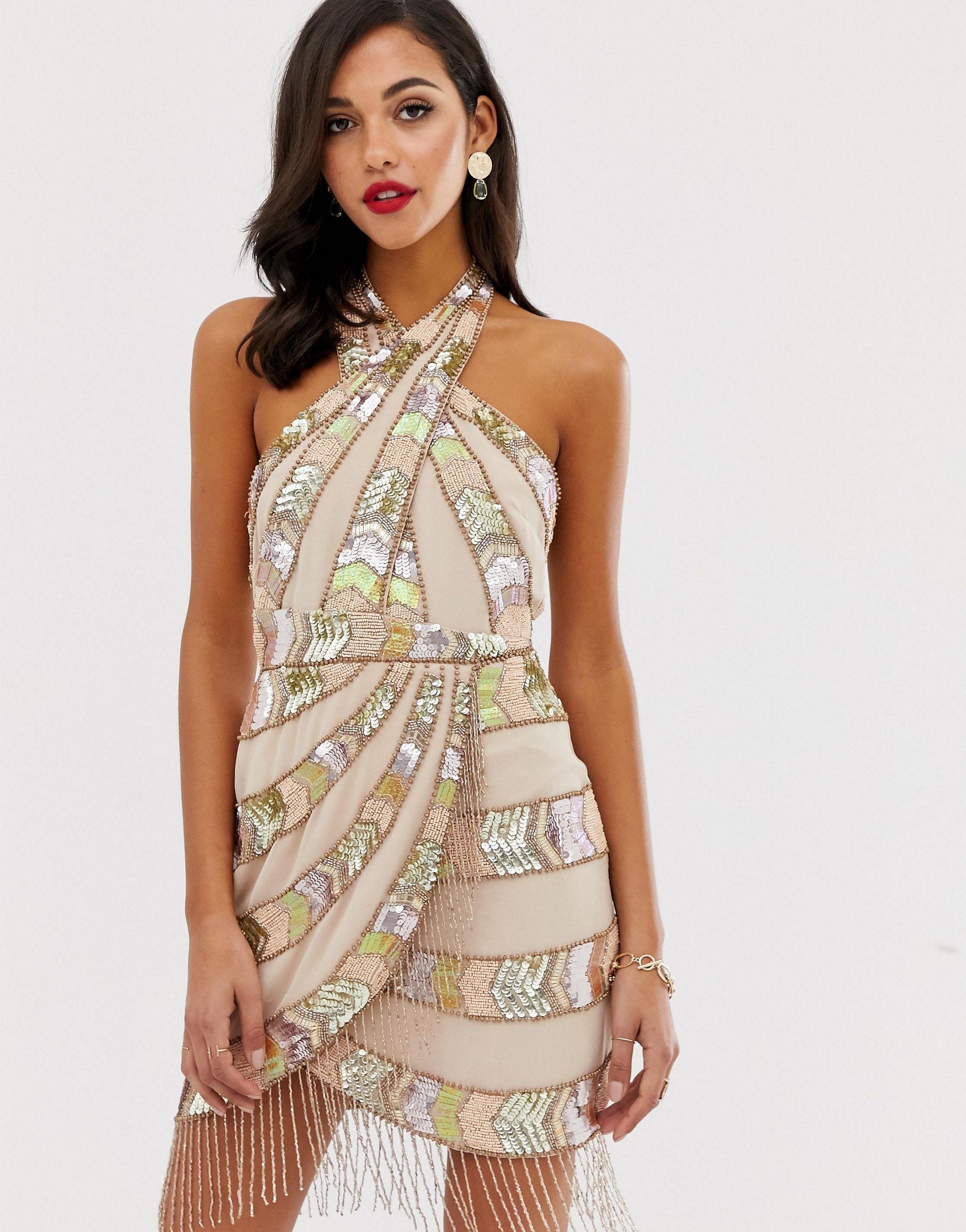 ASOS Synthetic Mini Dress With Wrap Neck And Aztec Embellishment Fringe -  Lyst