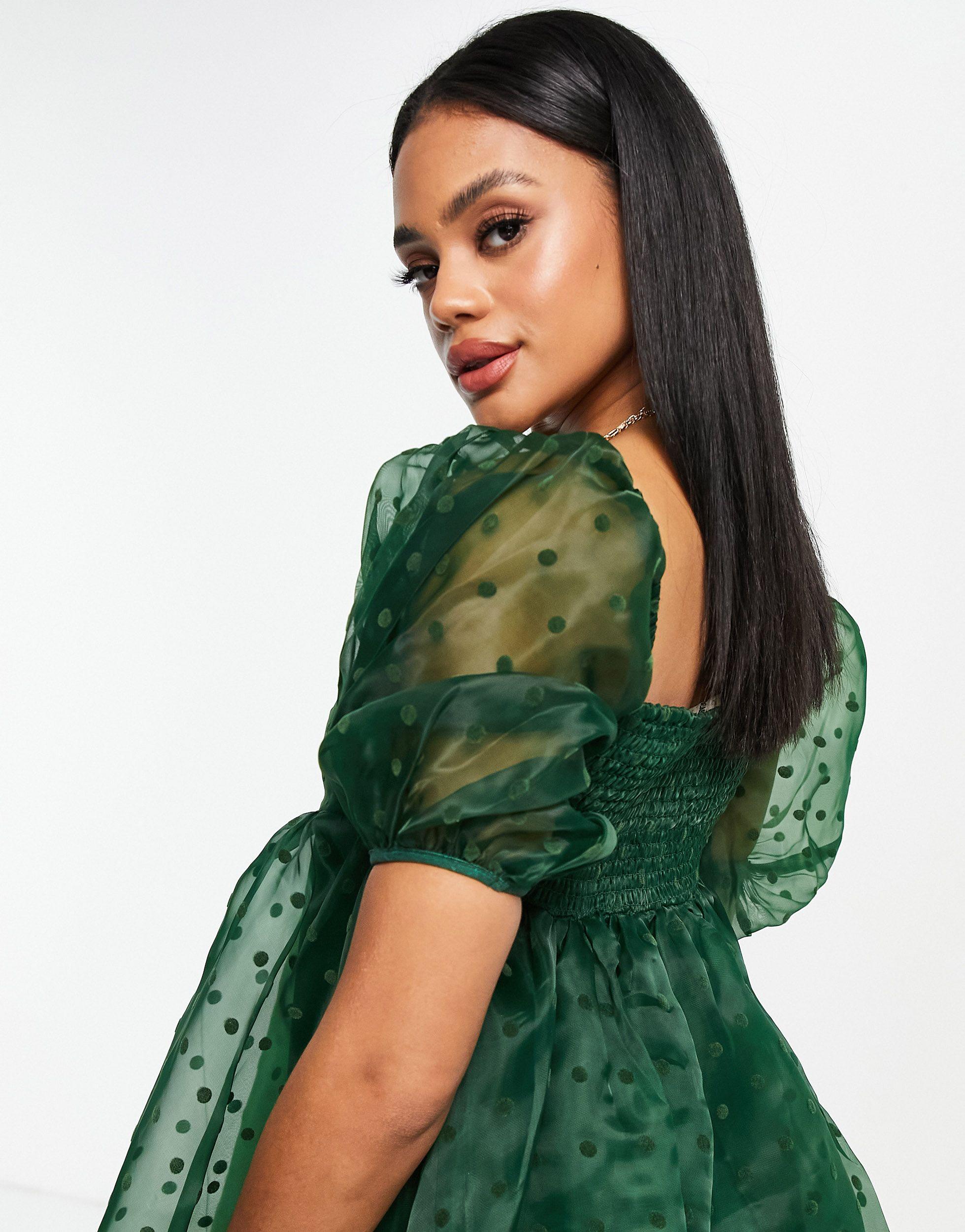 LACE & BEADS Exclusive Babydoll Mini Dress in Green | Lyst