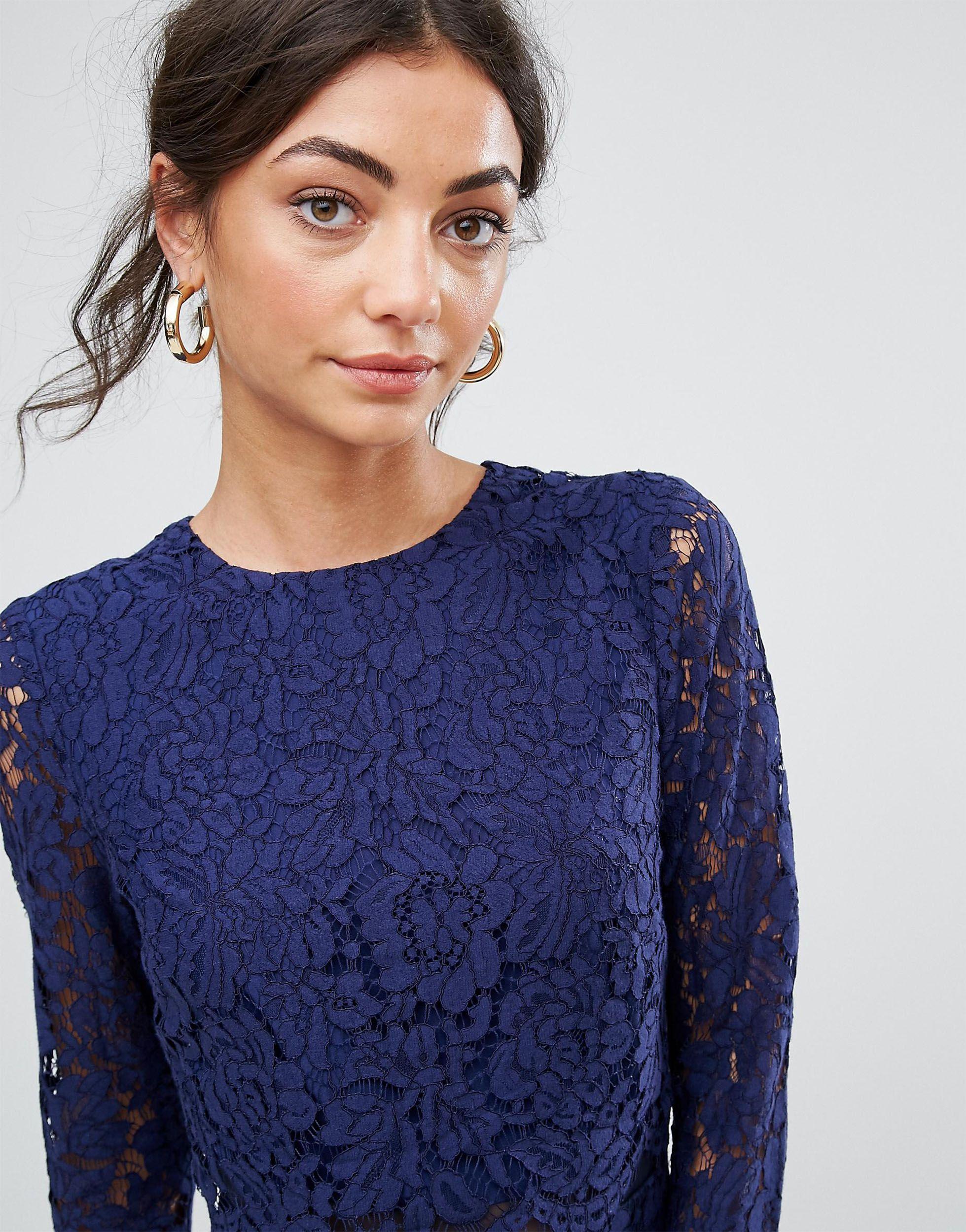 ASOS Wedding Lace Long Sleeve Midi Pencil Dress in Blue | Lyst