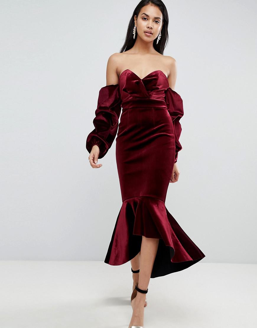 ASOS Premium Velvet Bardot Bodycon Pephem Midi Dress in Red - Lyst